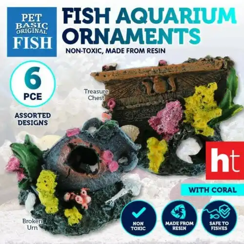 Pet Basic 6PCE Fish Aquarium Resin Ornaments Assorted Designs 8cm