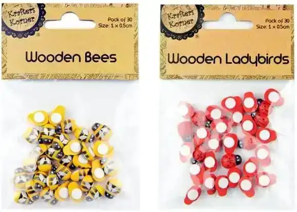 2 x 30Pk Krafters Korner Craft Wood Insect Bees Ladybirds 60Pce 2 Assorted Design 1 X 0.5 CM for Craft Scrapbooking Baby Shower Birthday Party Decoration