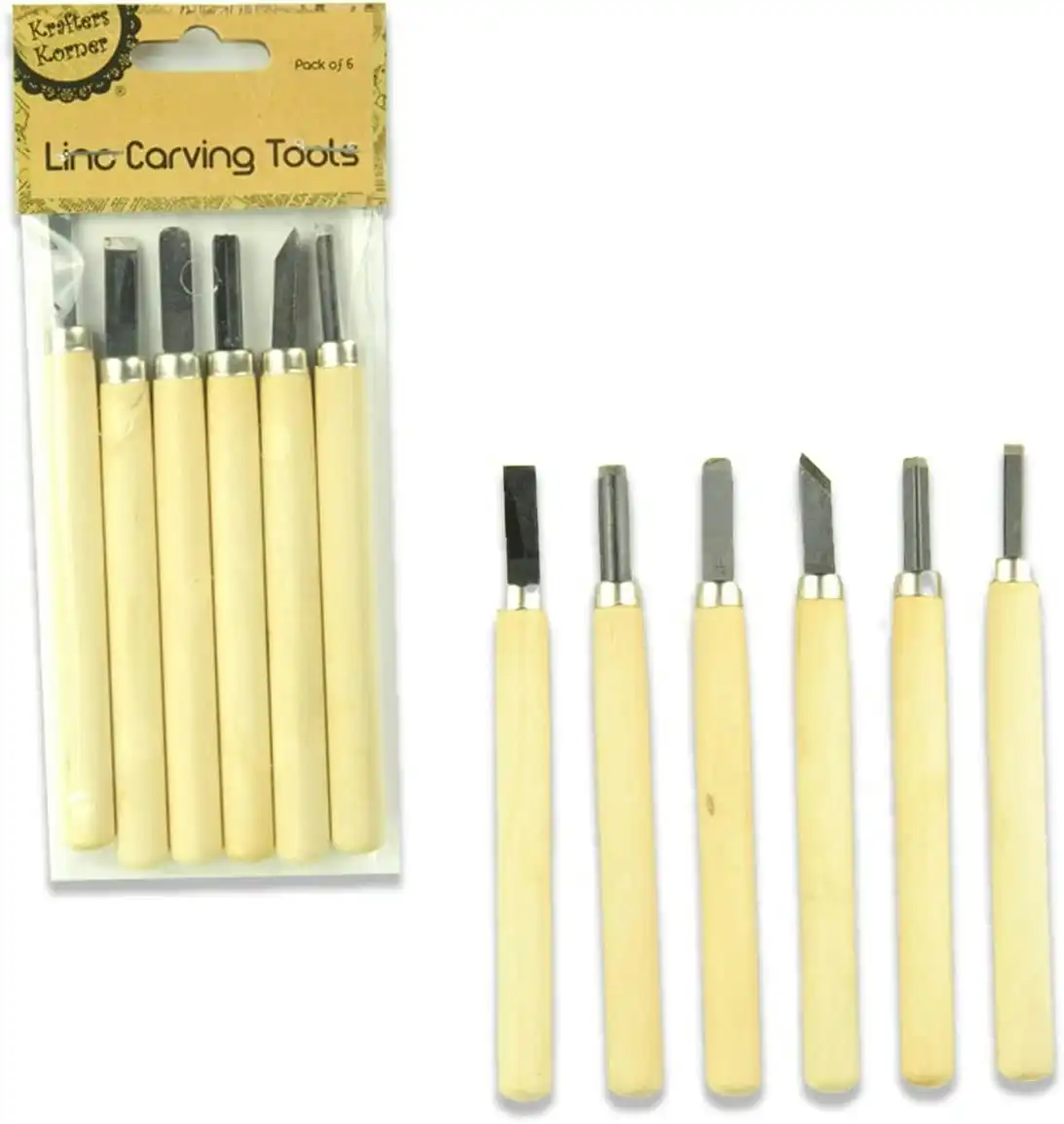 [6Pce] Krafters Korner Wooden Lino Carving Tools - 6 Different Carving Tools With Steel Nozzles