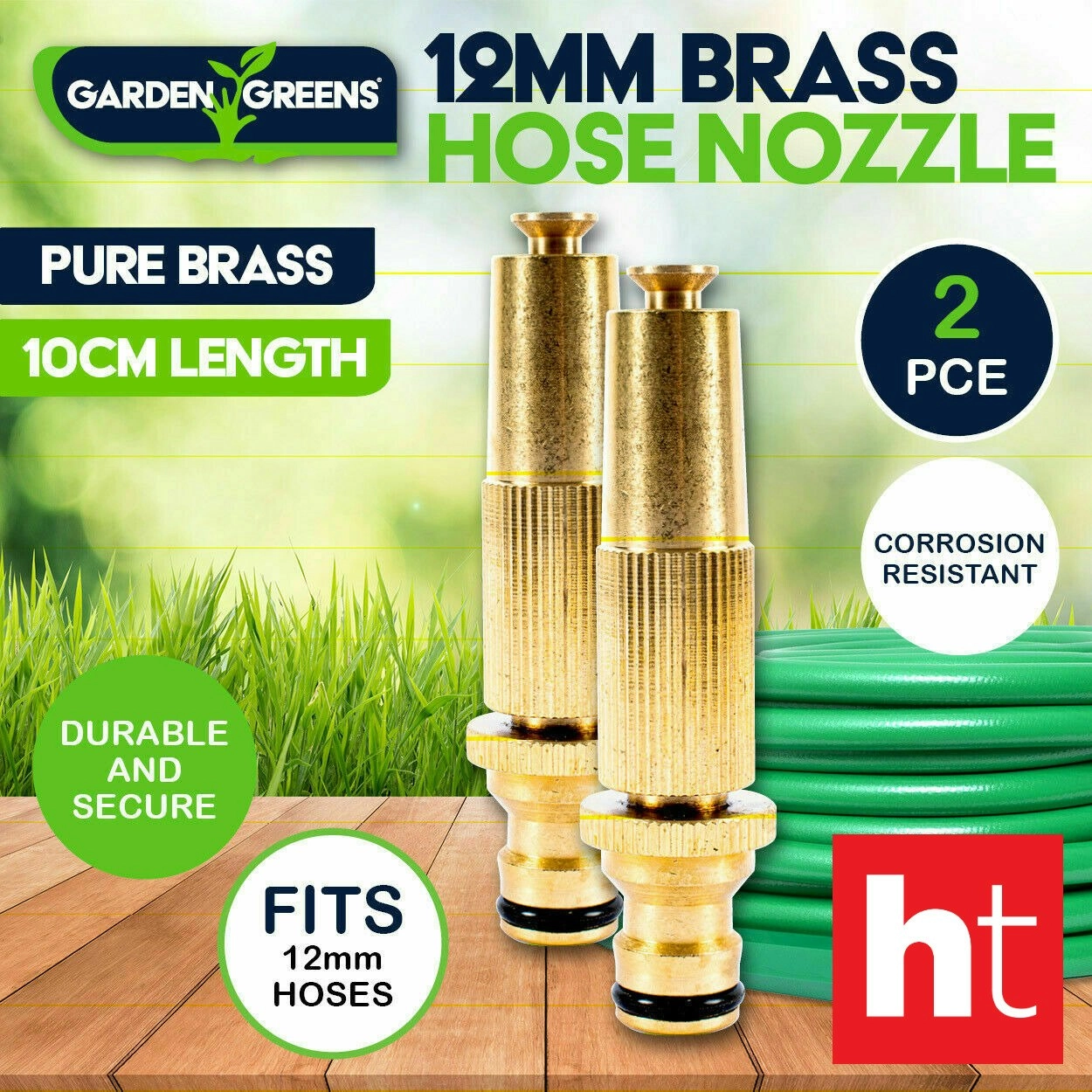 Garden Greens 2PCE Hose Nozzle Pure Brass with Adjustable Flow Rust Proof