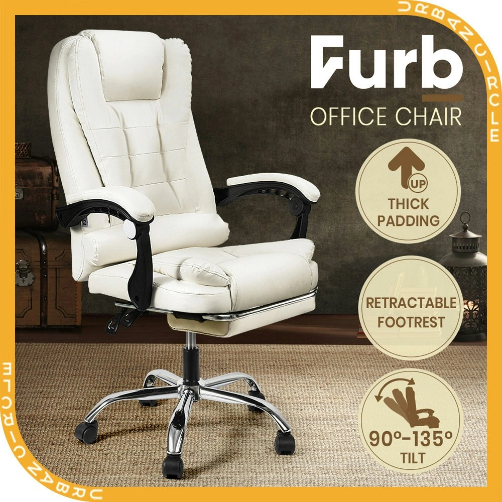 Furb Office Chair Executive PU leather Seat Ergonomic Support Caster Wheel Footrest White