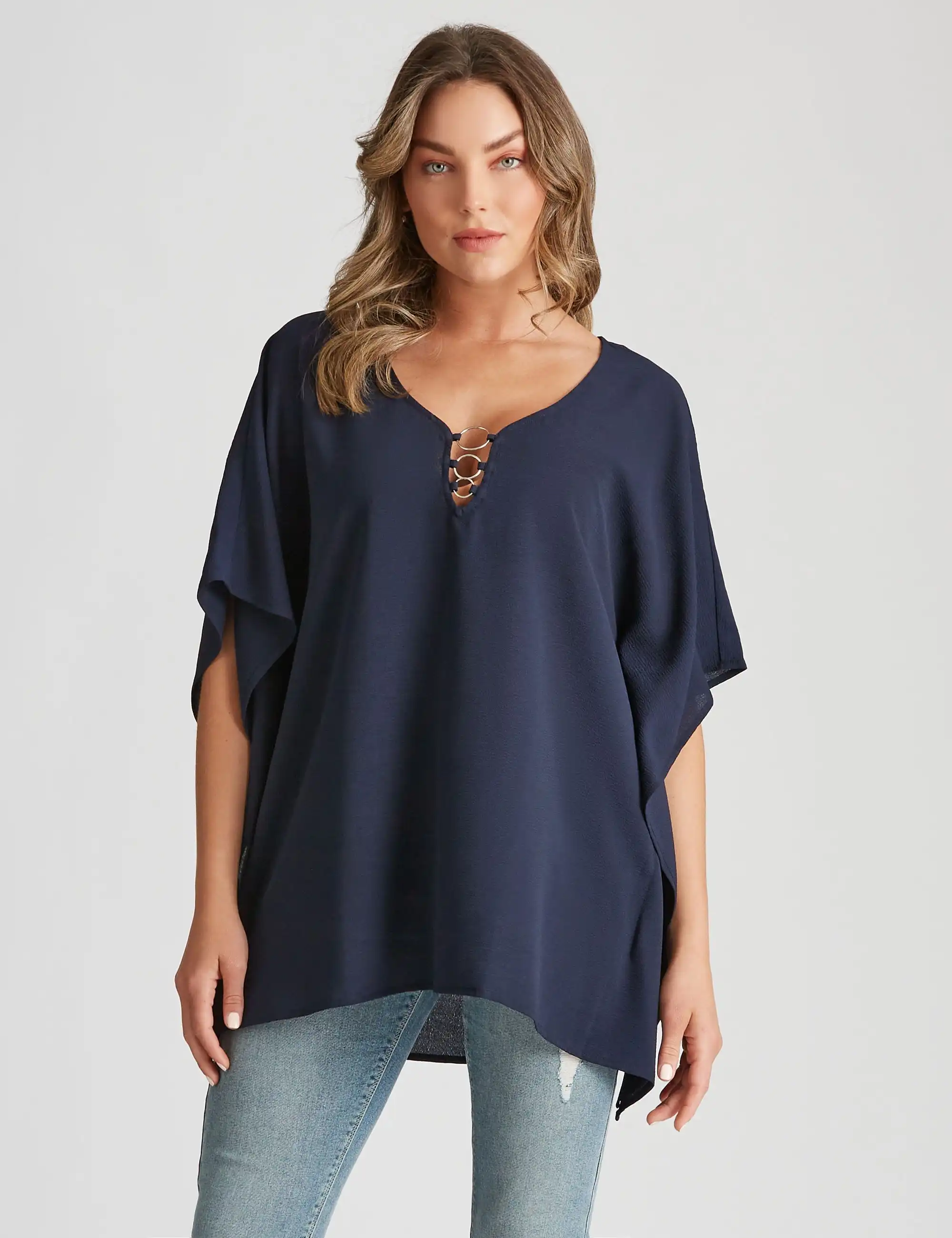 Rockmans Extended Sleeve Woven Ring Top (Night Sky)