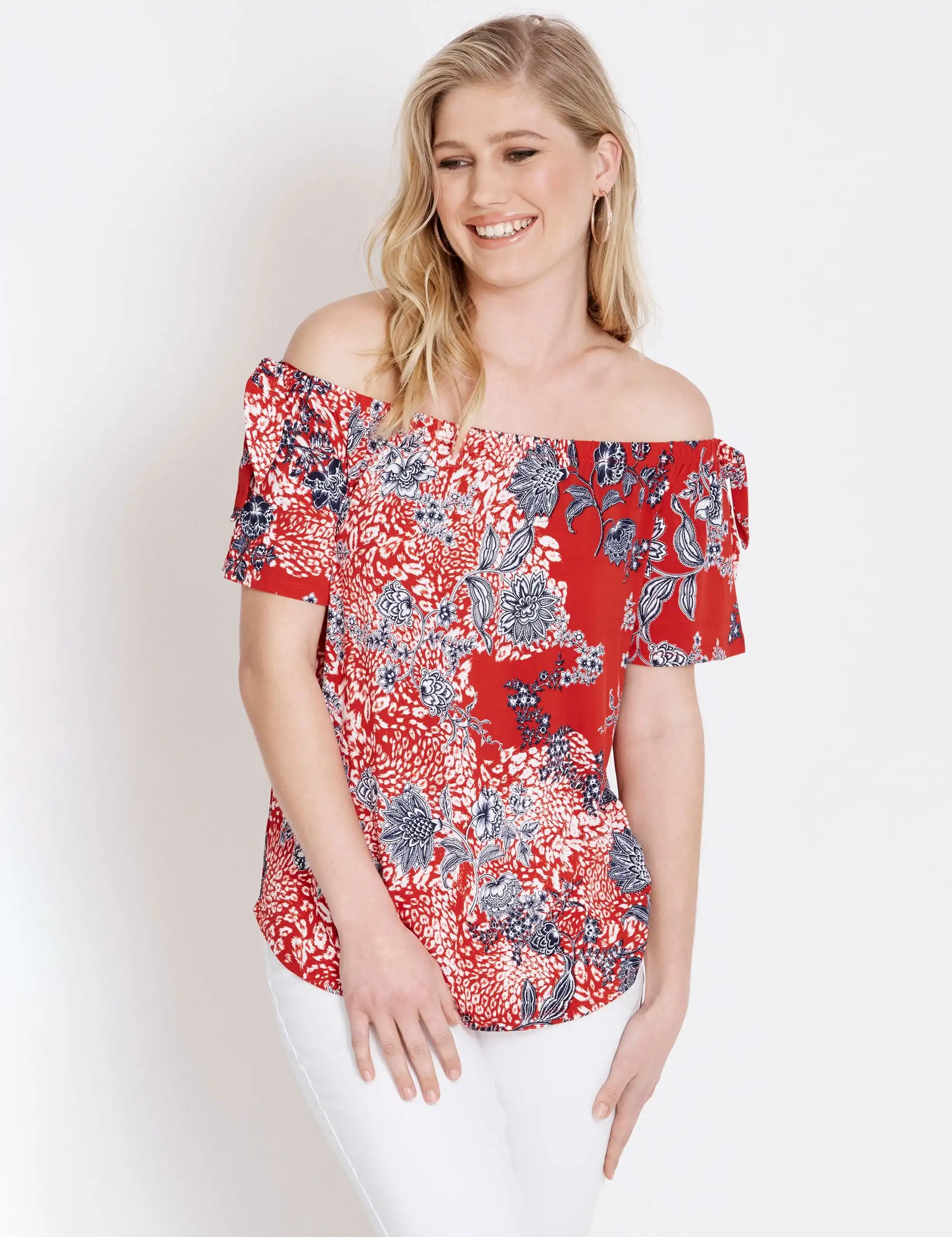 Rockmans Off Shoulder Elbow Sleeve Salsa Print Top