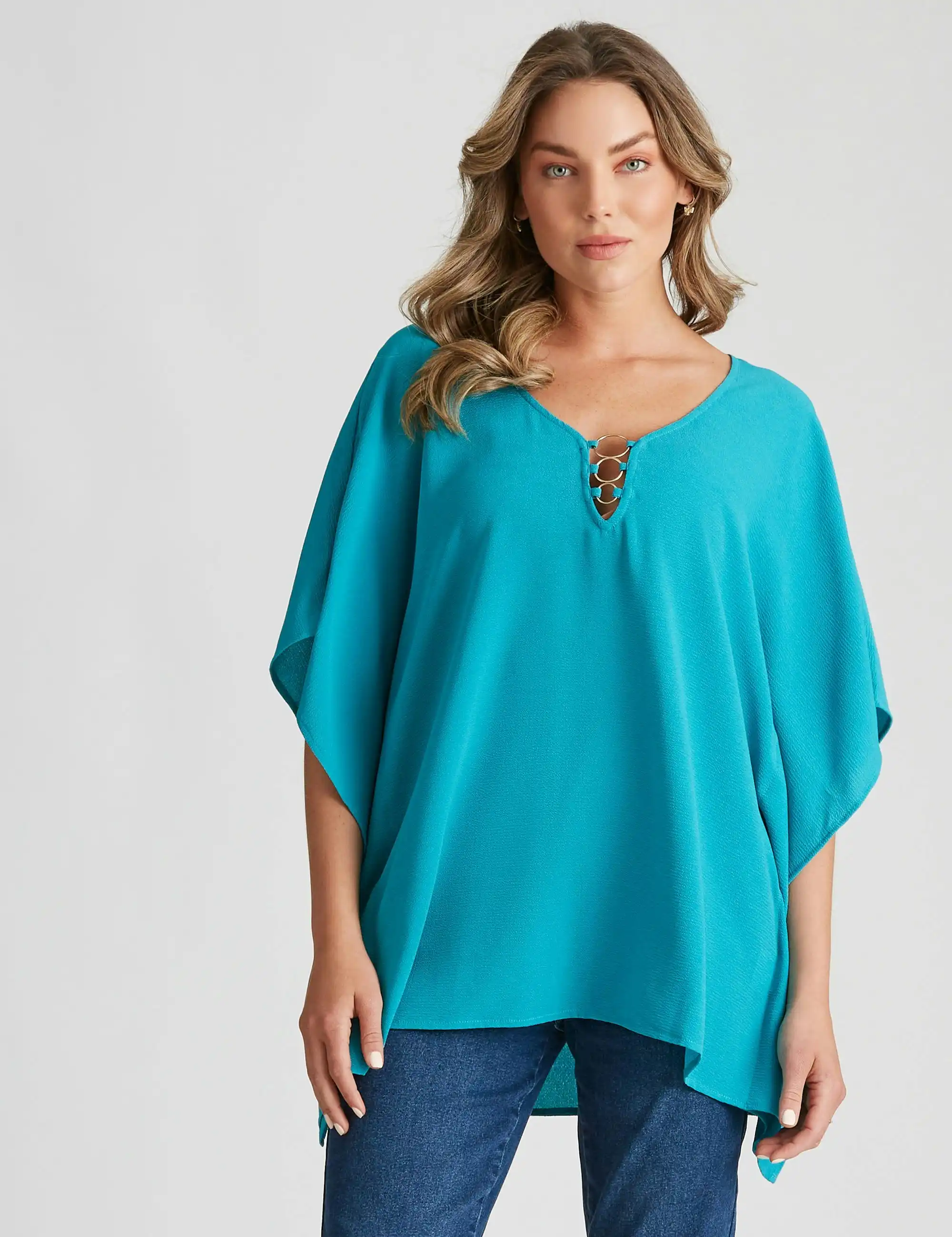 Rockmans Extended Sleeve Woven Ring Top (Tile Blue)
