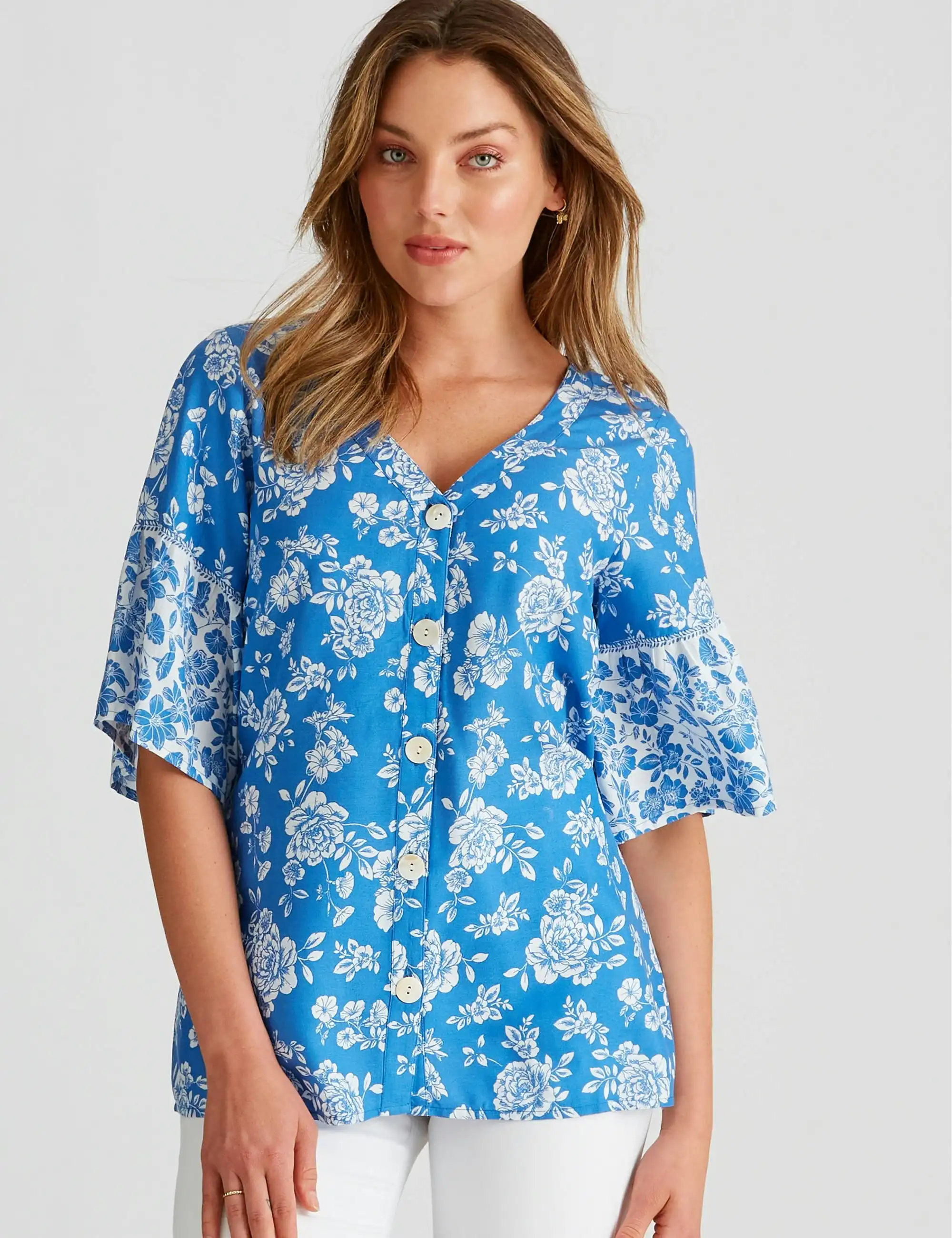 Rockmans Elbow Flared Sleeve Woven Button Top (Blue Floral)