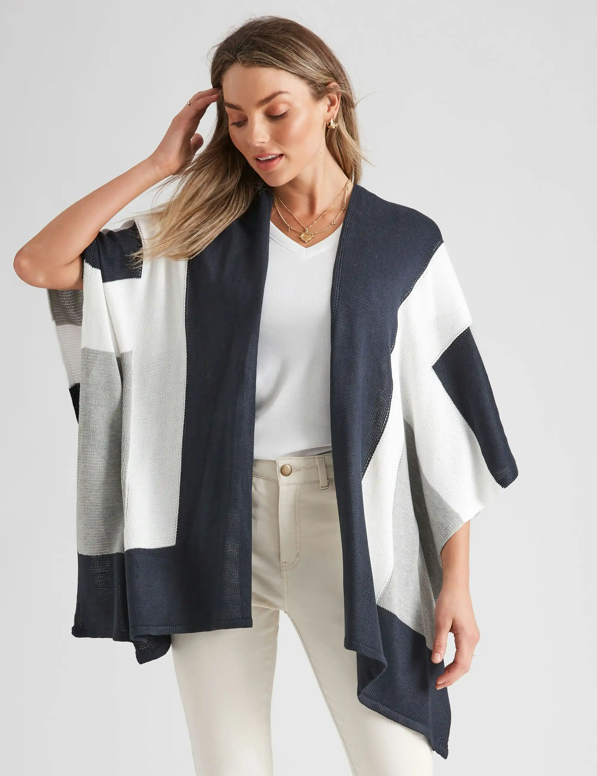 Rockmans Extended Sleeve Colour Block Cardigan (Navy Mix)