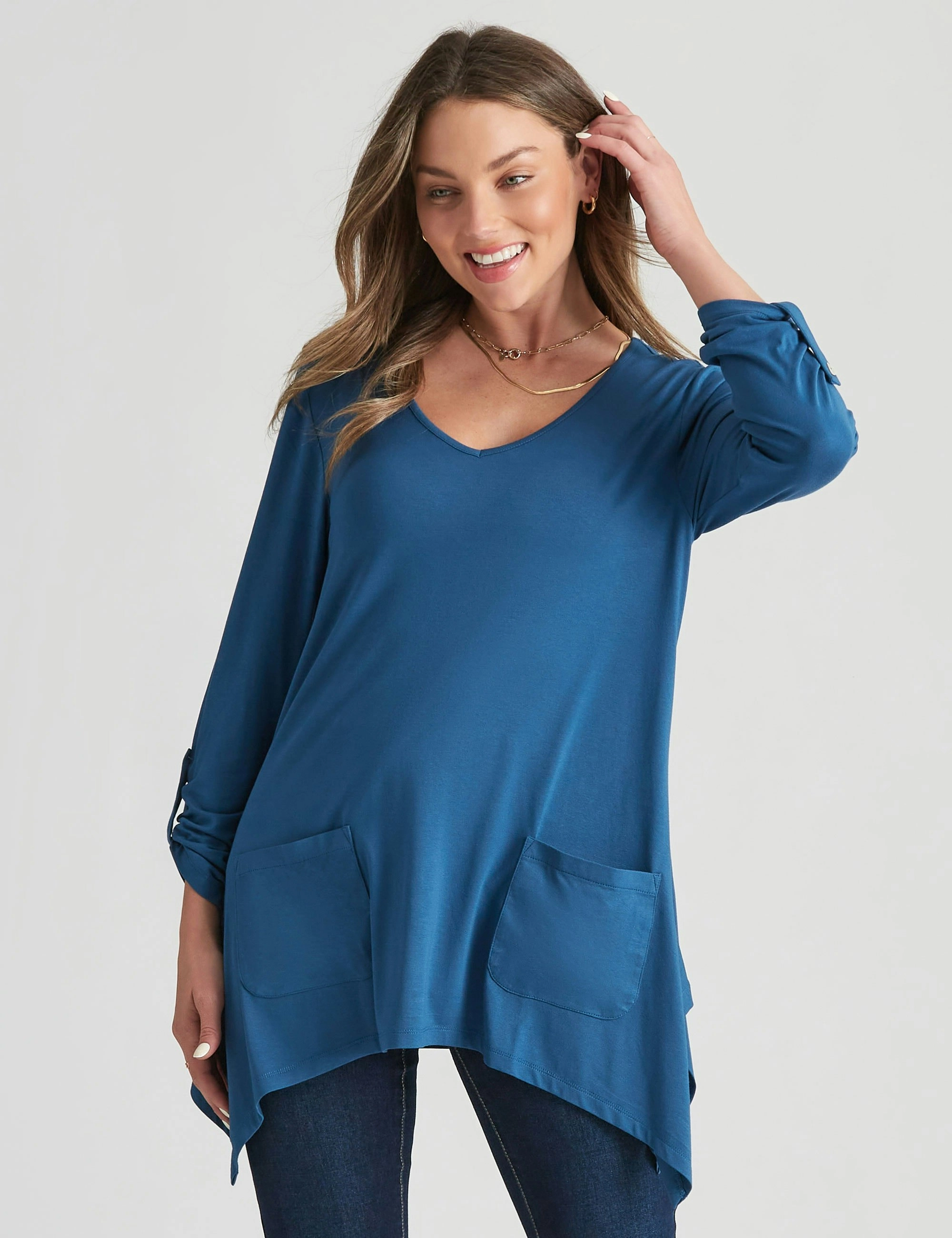 Rockmans Long Sleeve Pocket Knitwear Sharkbite Tunic