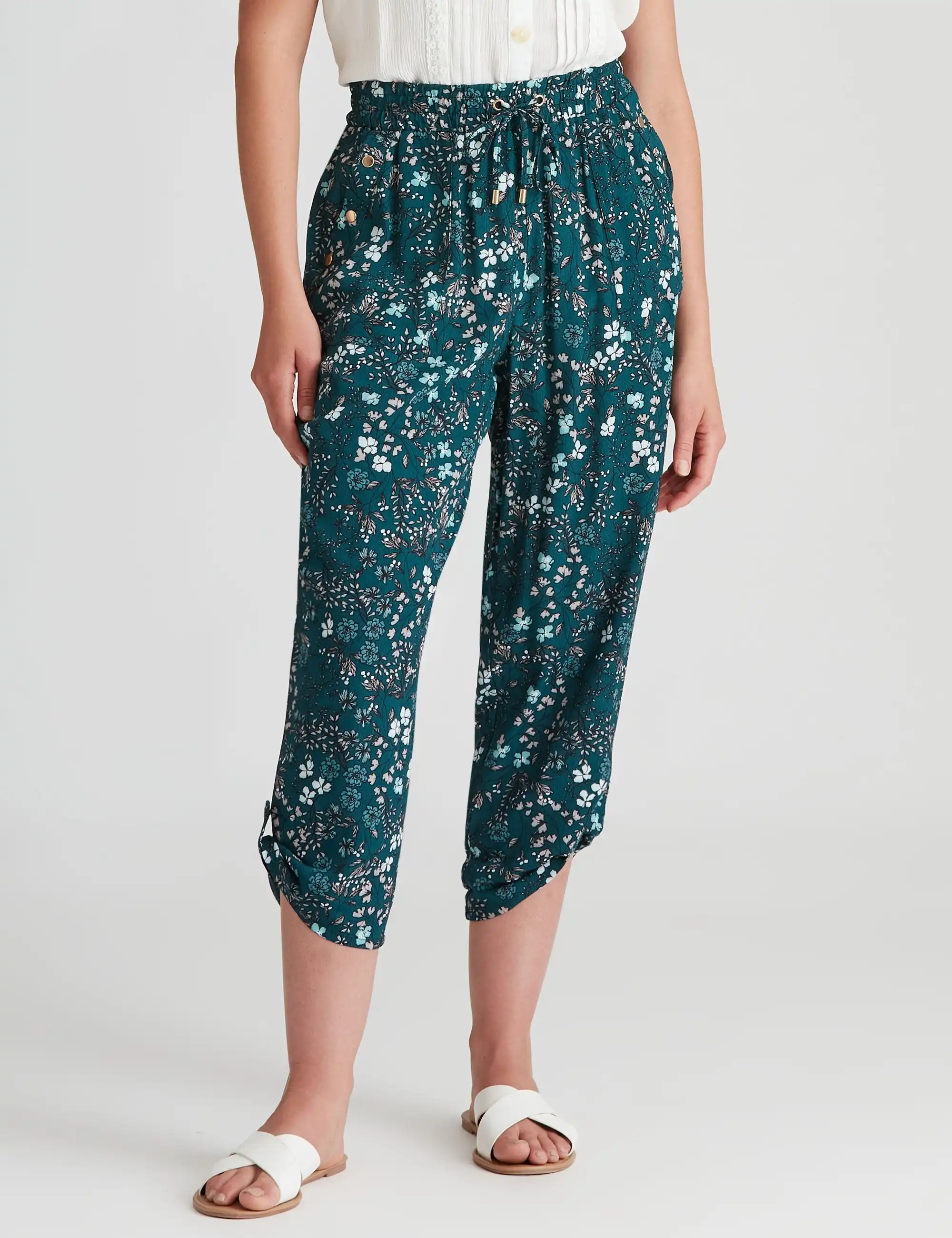 Rockmans Crop Length Woven Stud Detail Pants