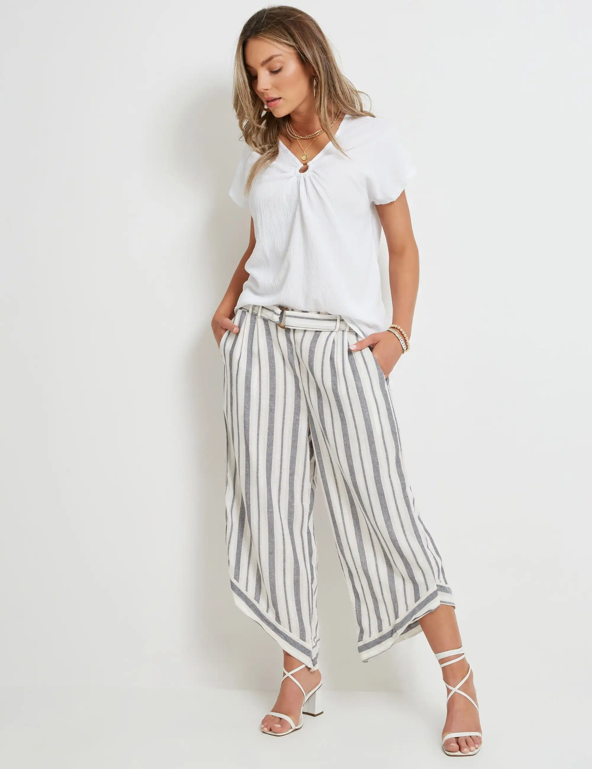 Rockmans Crop Woven Stripe Belted Pants