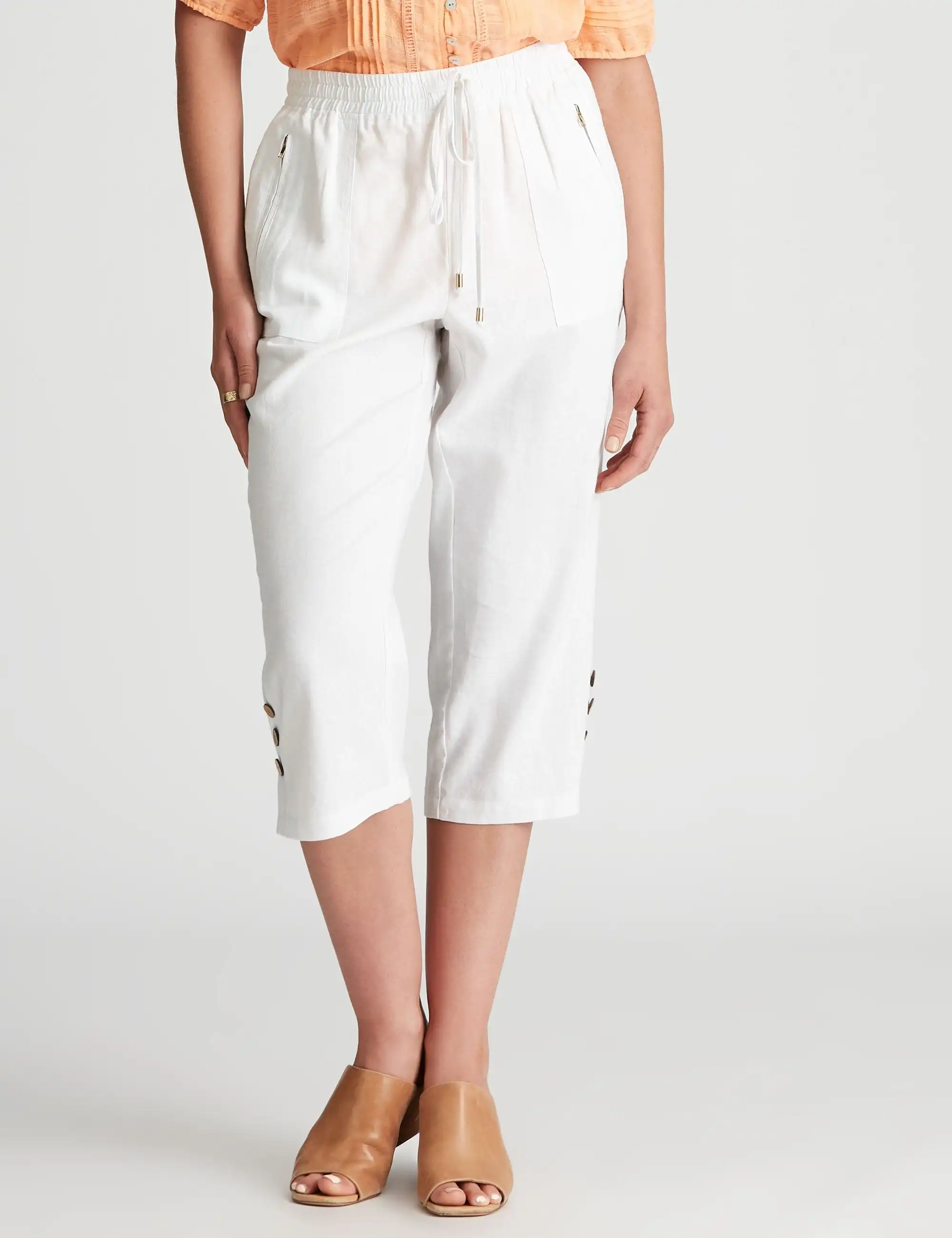 Rockmans Crop Linen Button Pants