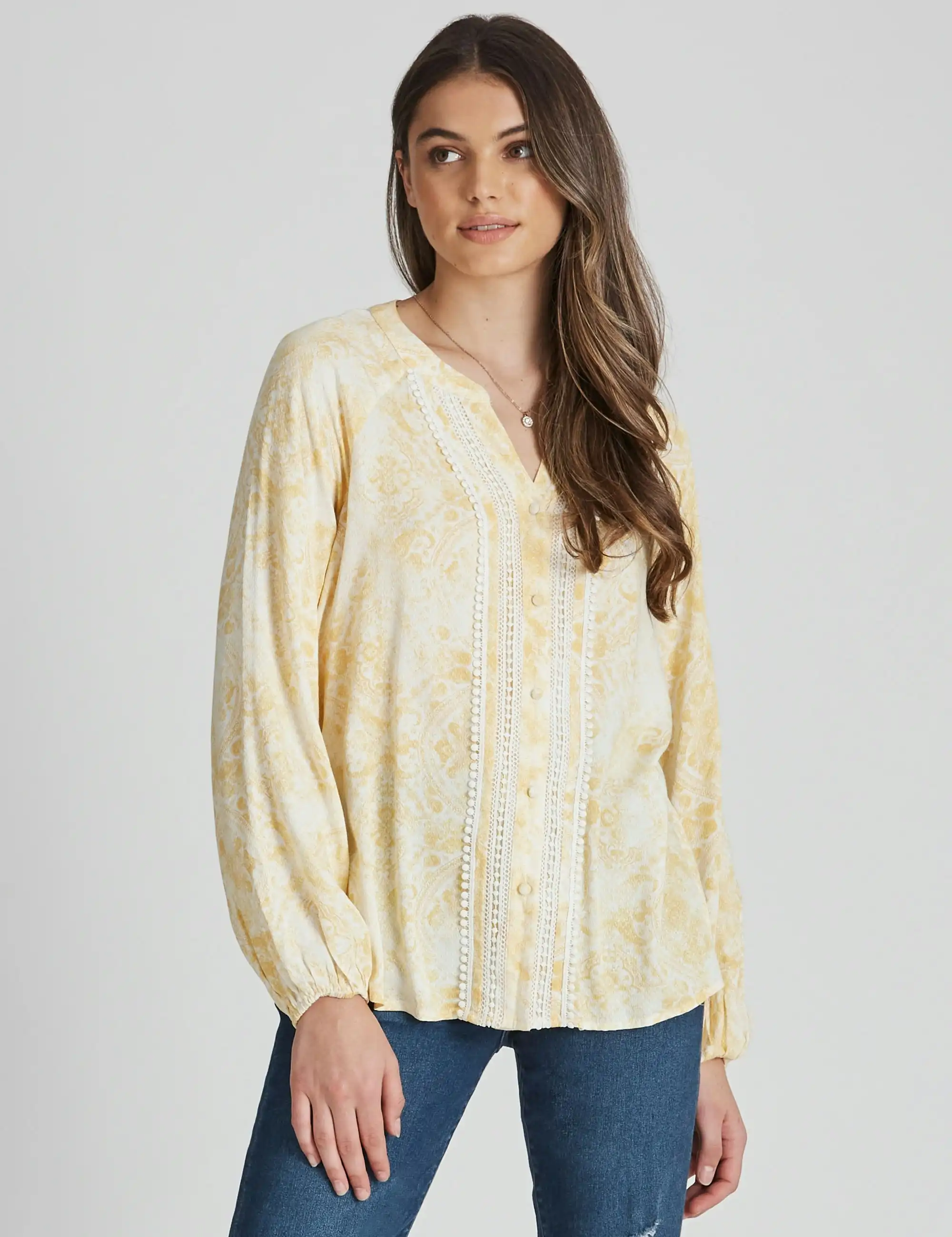 Rockmans 3/4 Sleeve Woven Lace Inset High Low Blouse (Yellow Paisley)