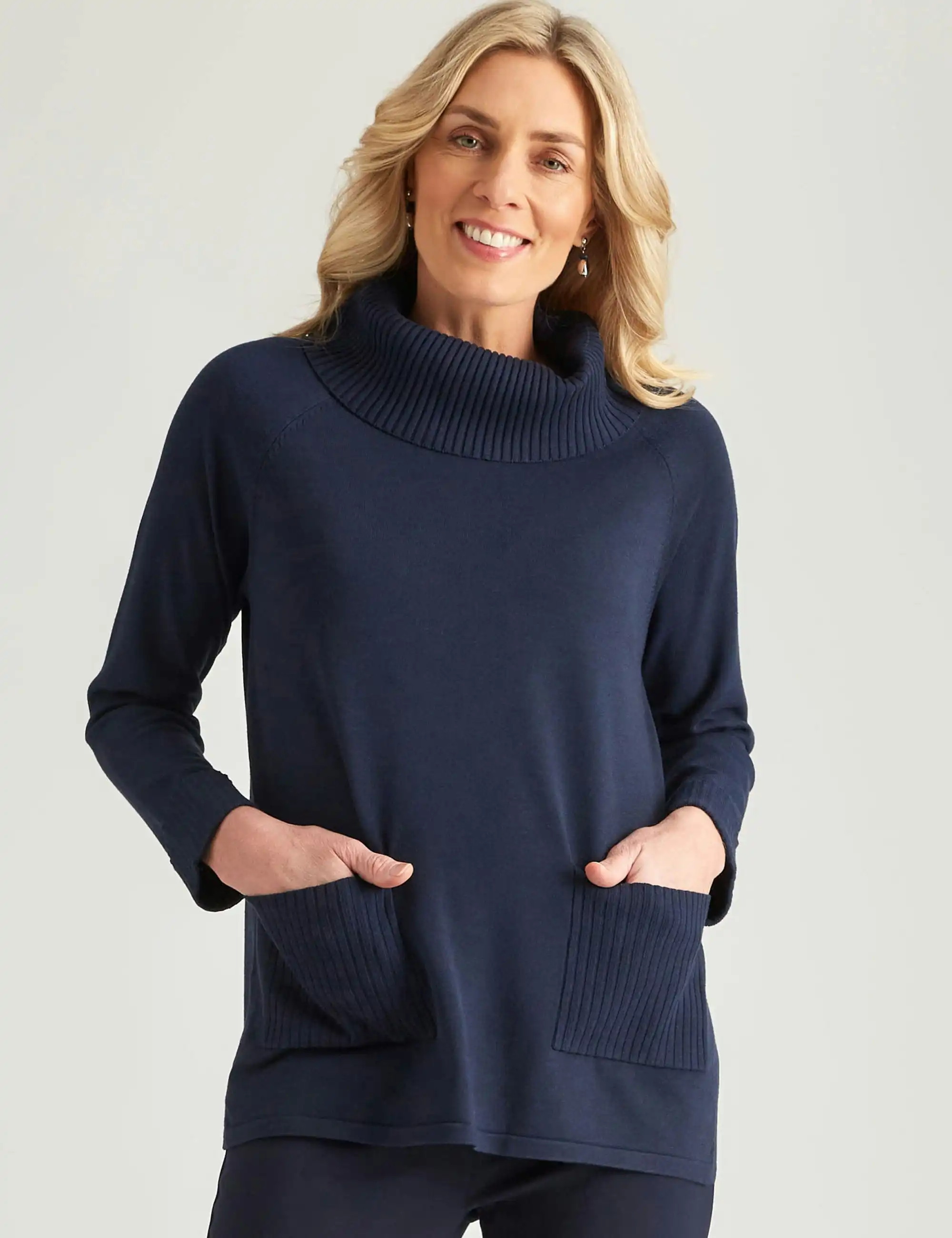 Noni B Roll Neck Pocket Tunic Jumper (Navy Blazer)