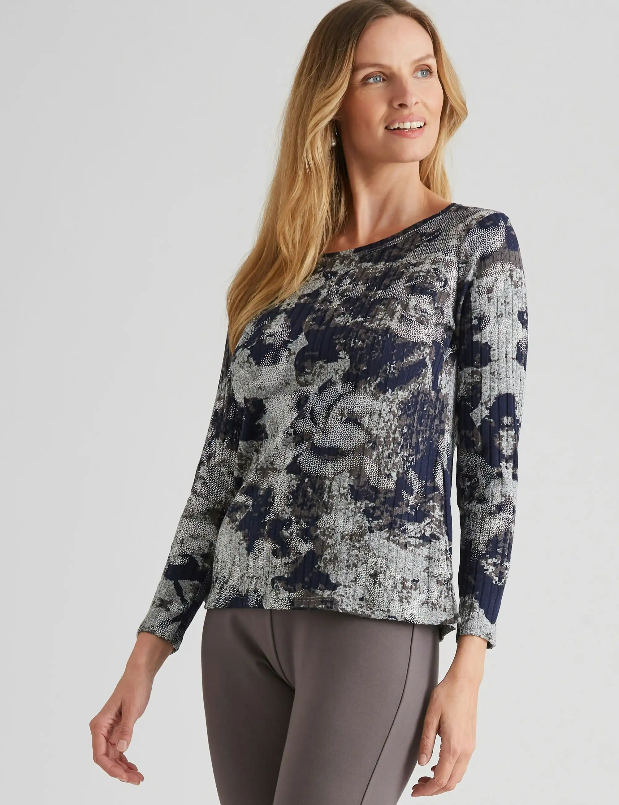 Noni B Knitwear Printed Top (Evening Blue)