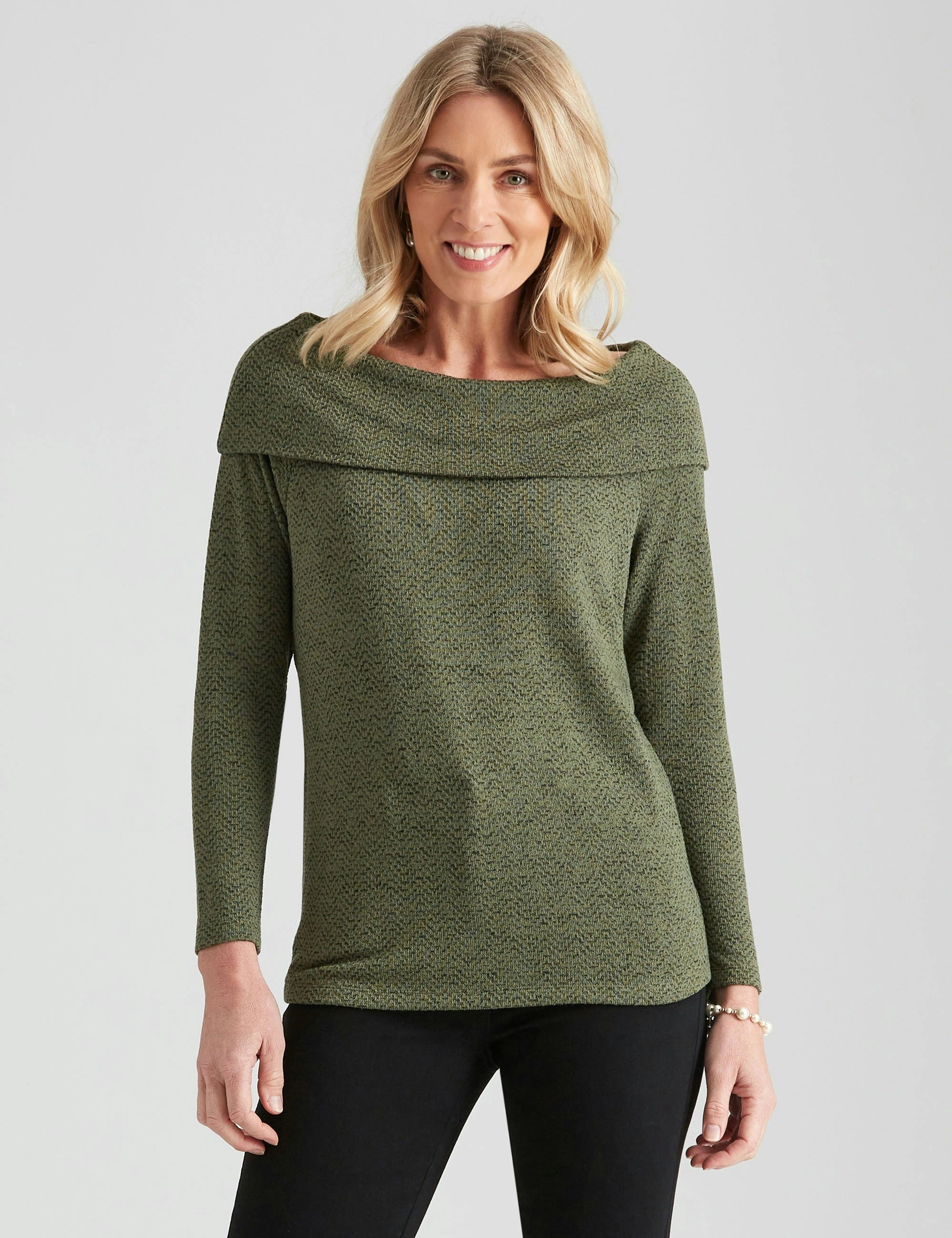 Noni B Cowl Neck Chevron Knitwear Top (Dusty Olive)