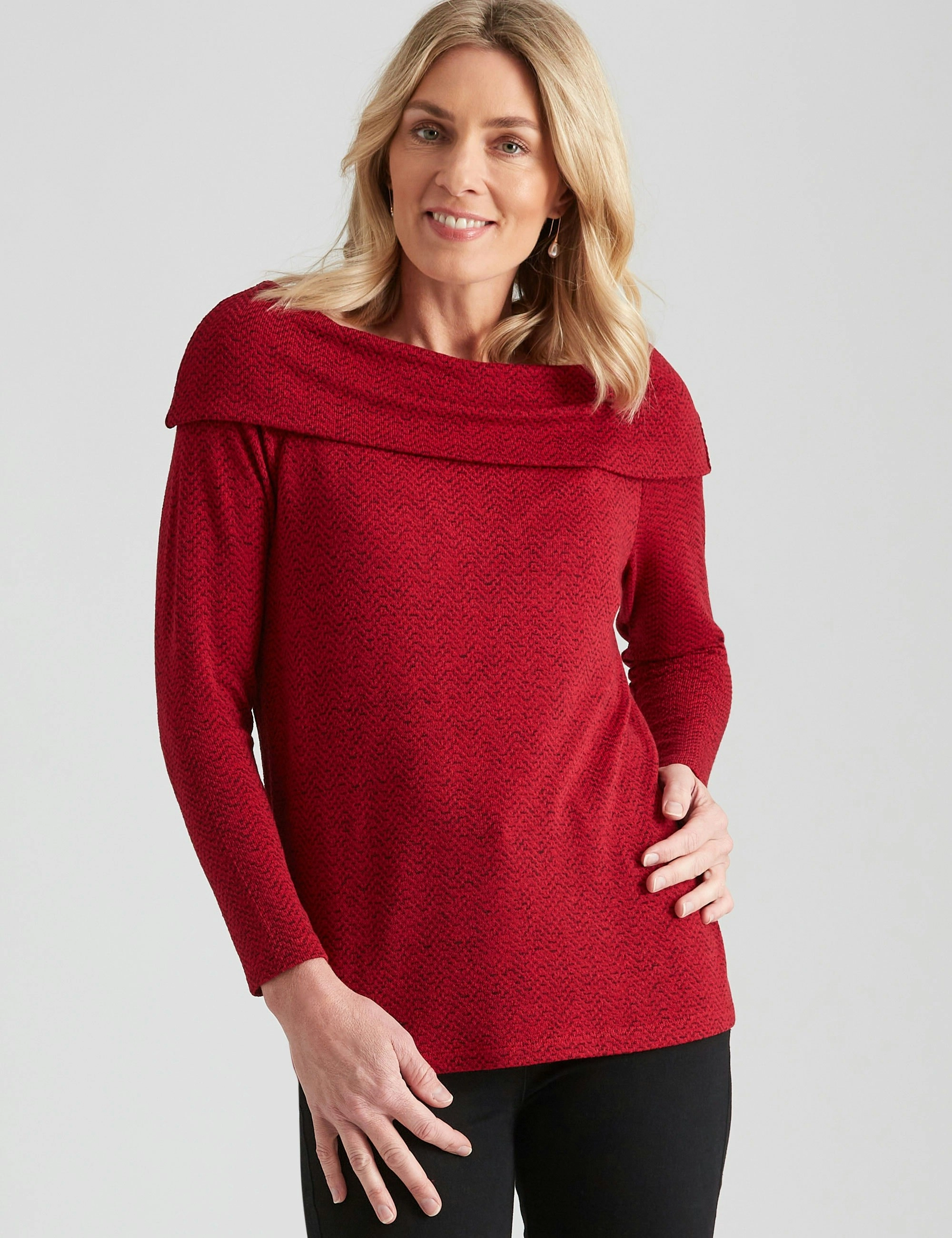 Noni B Cowl Neck Chevron Knitwear Top (Jester Red)