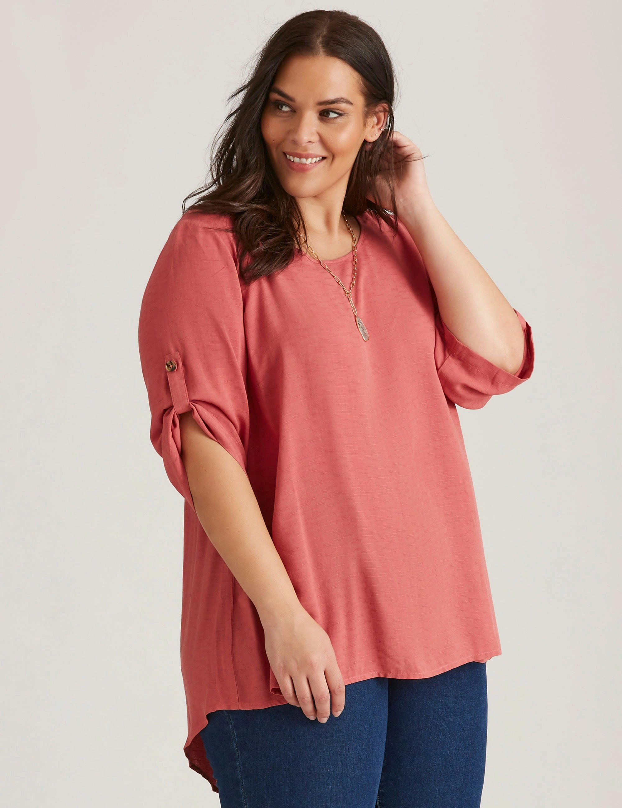 Autograph Woven 3/4 Sleeve Button Back Top (Elegant Light Pink)