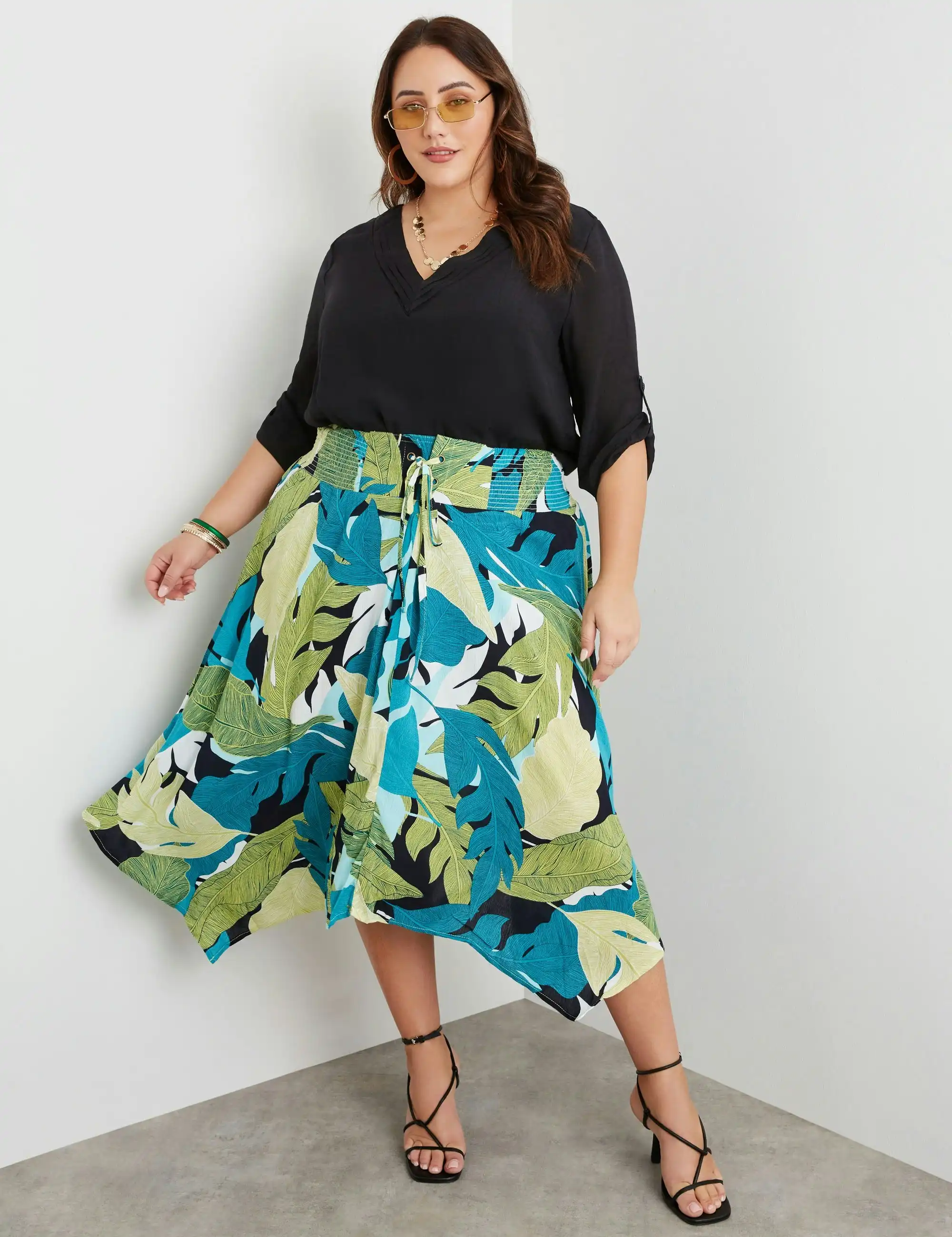 beme Midi Length Tie Hanky Hem Skirt (Tropical Leaf Onl)