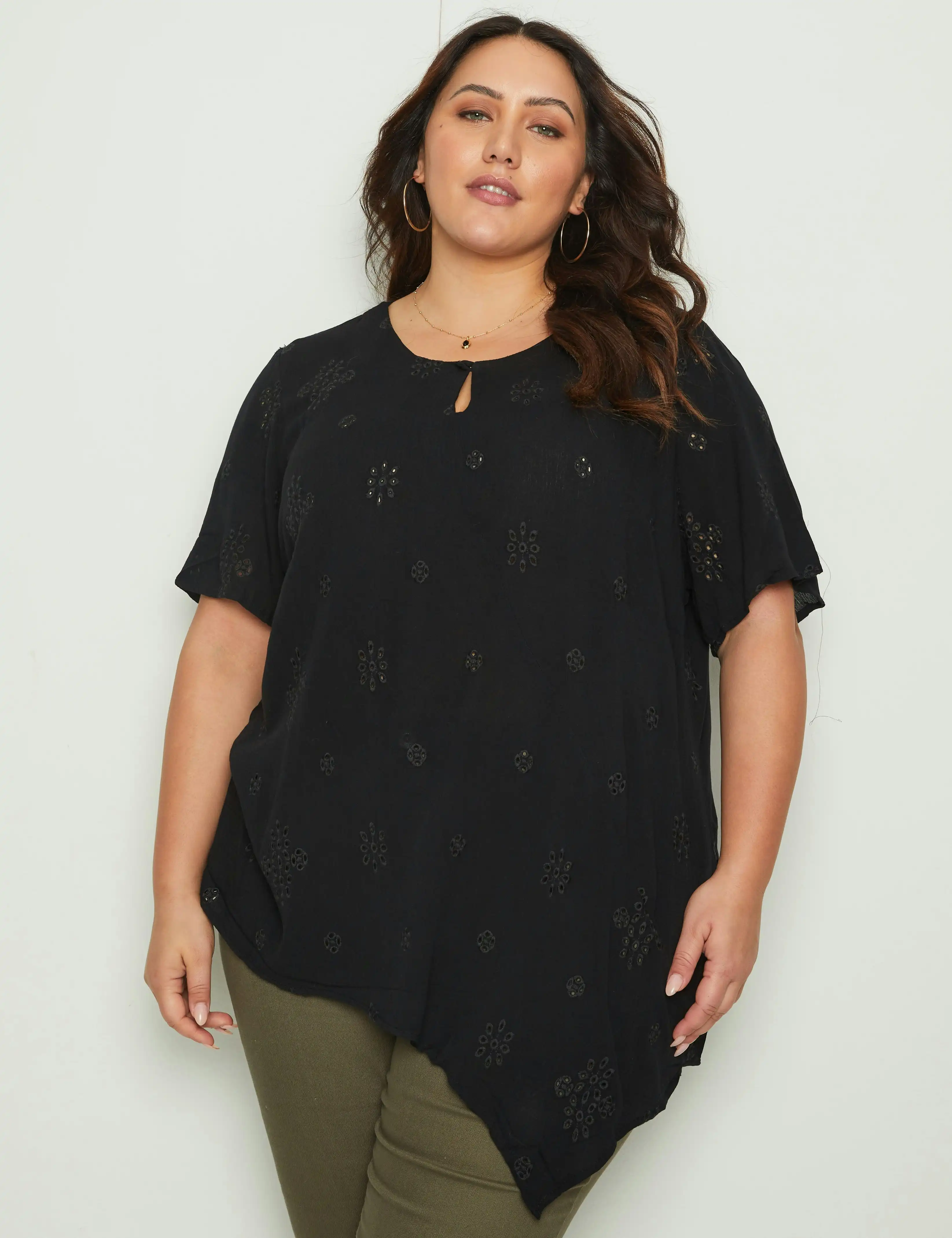 beme Short Sleeve Woven Asymmetric Neck Top (Black Broderie)