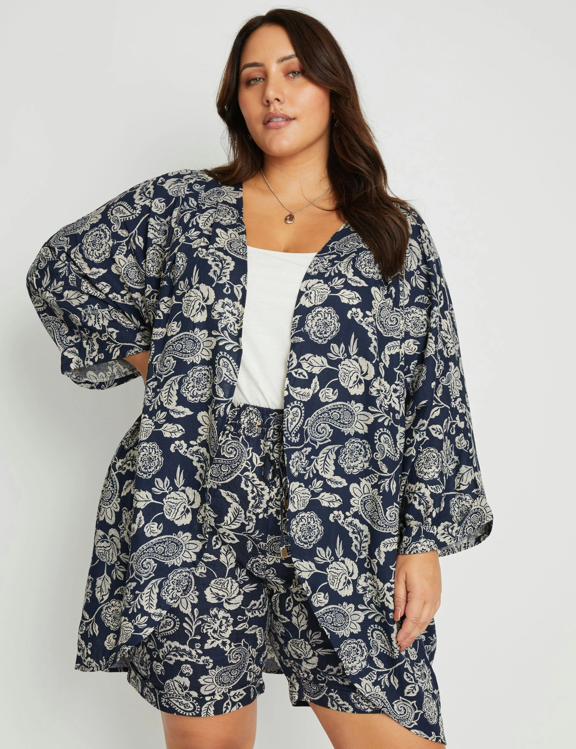 beme Linen Blend Pintuck Kimono (Navy Multi)