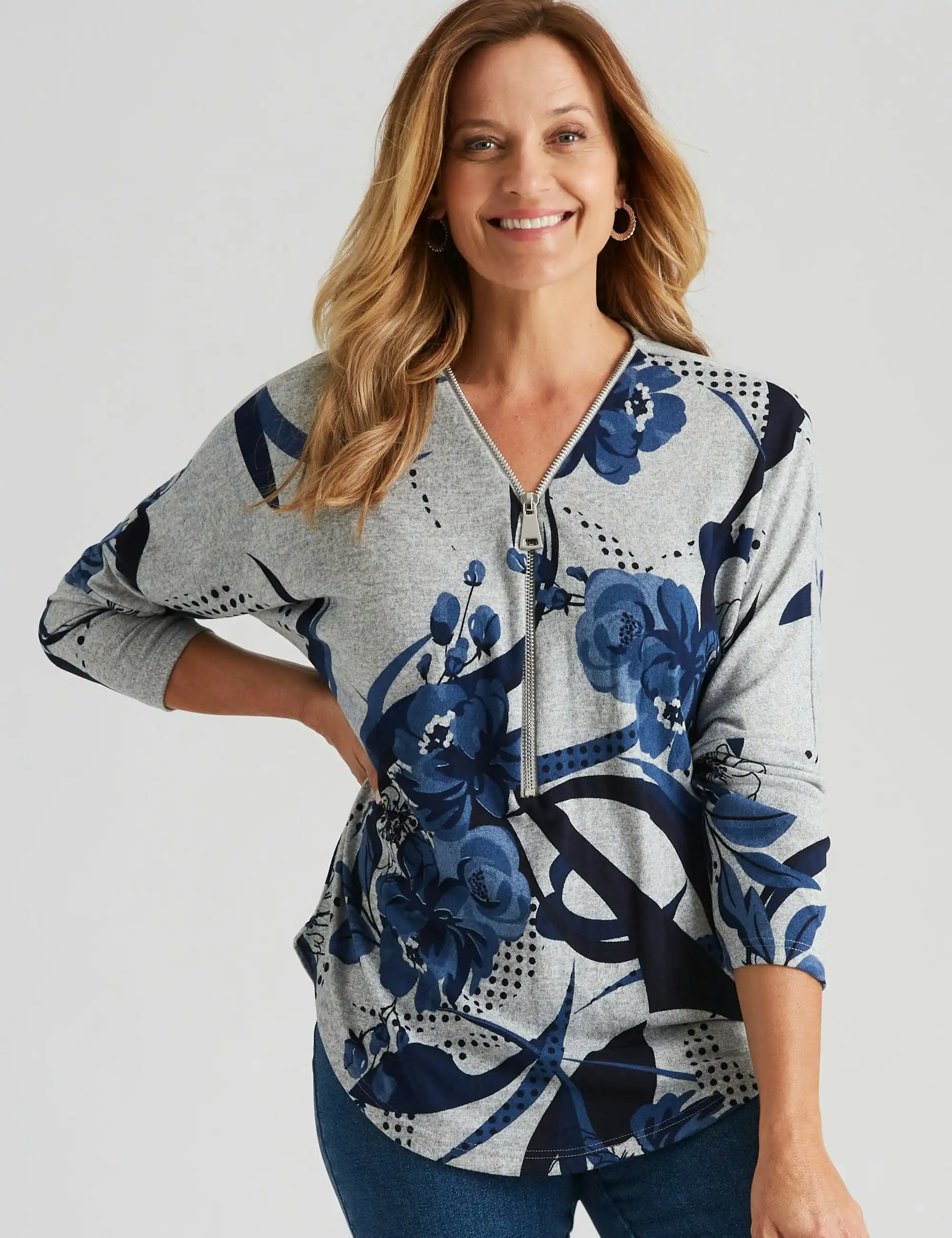 Millers Long Sleeve Zipped Detail Brushed Top (Grey Spot Floral)