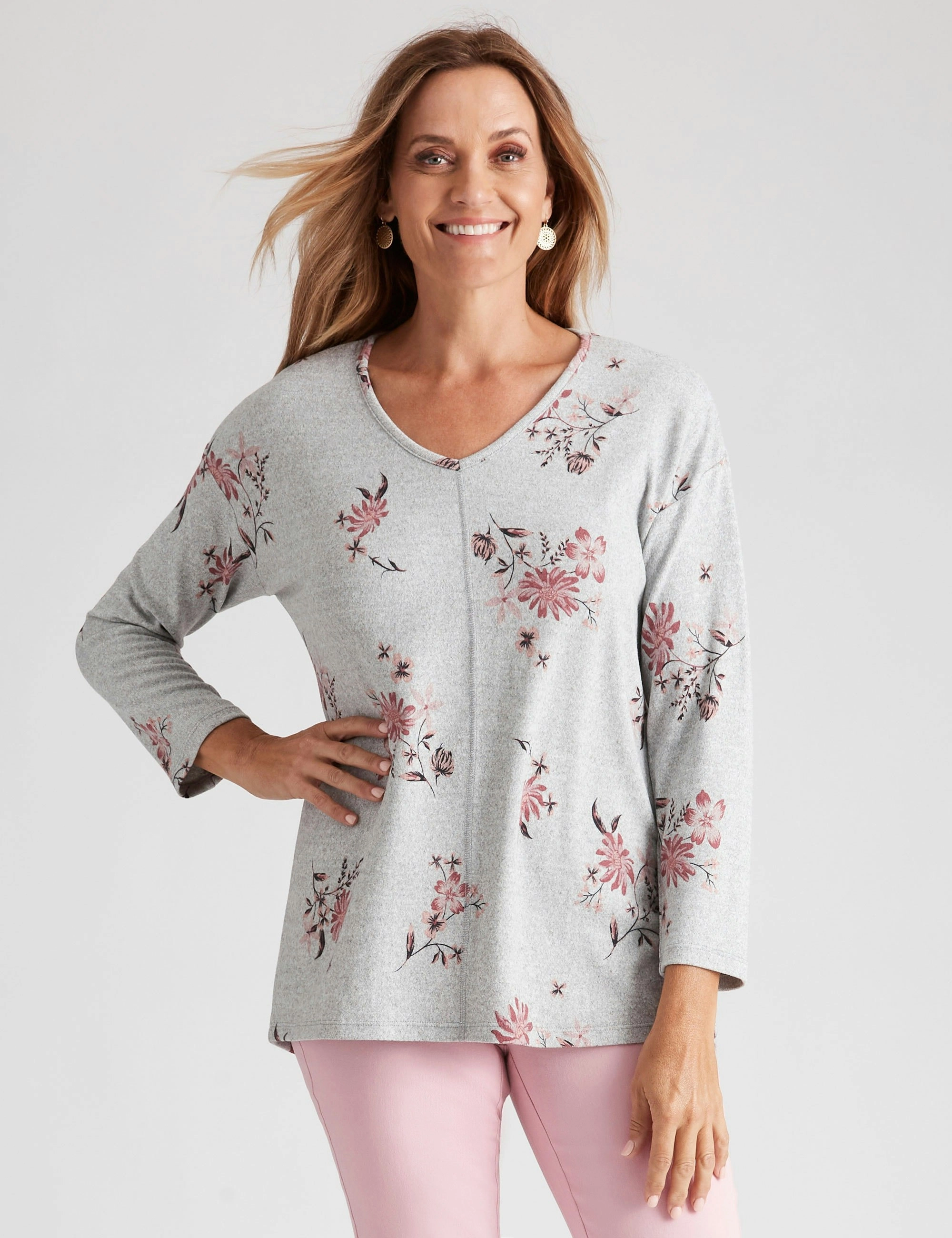 Millers Long Sleeve Brushed V-Neck Top (Blush Floral)