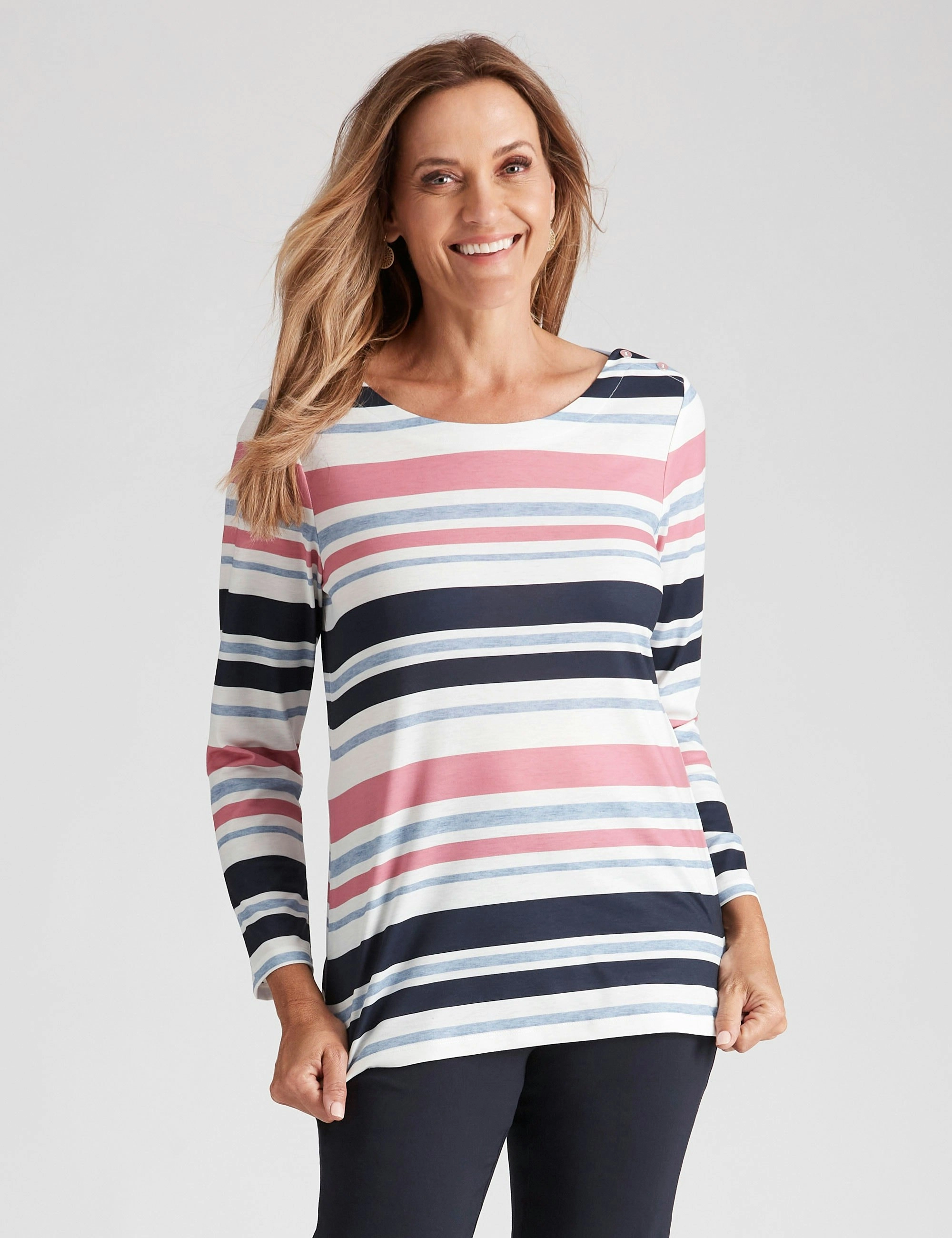 Millers Long Sleeve Stripe Polo Neck Rib Top (Pastel Stripe)