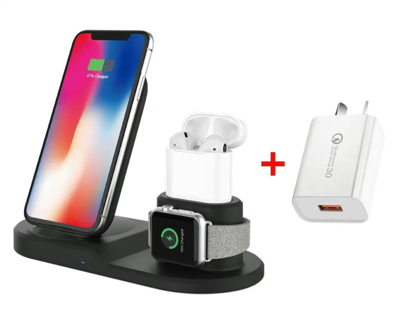 10W 3-in-1 Fast Charge Triple Wireless Charger Stand for Apple (Square) Black + 18W Qualcomm Charger Kit