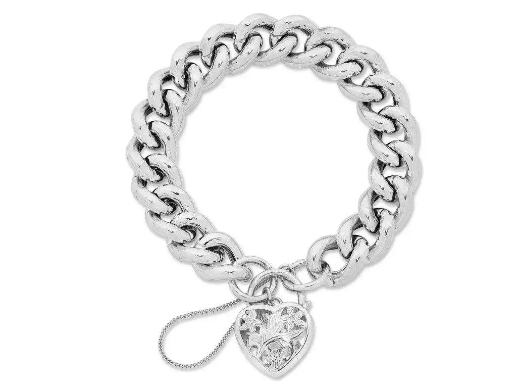 19cm Sterling Silver Heart Padlock Bracelet