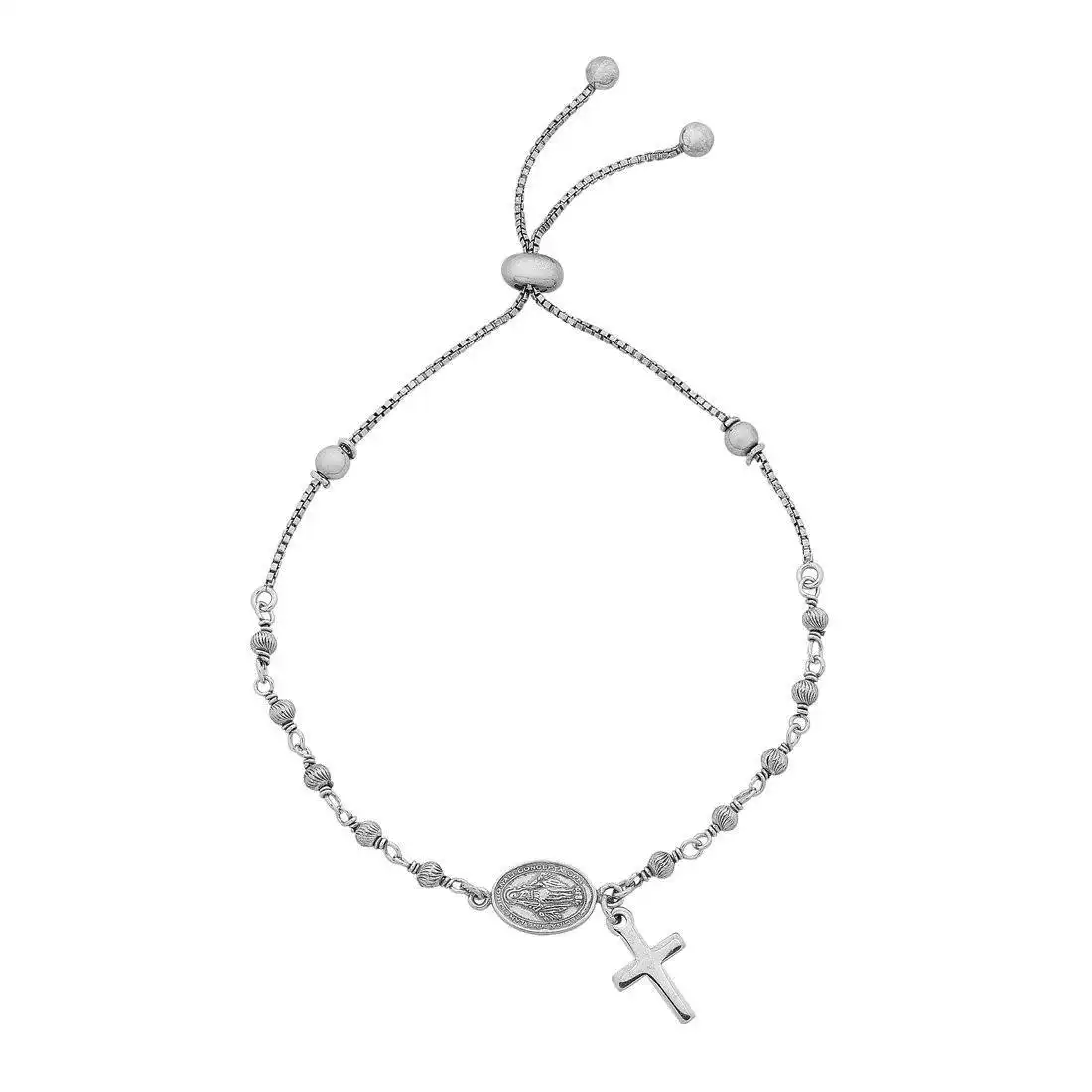 Sterling Silver Our Lady Mary Rosary Beads Bolo Bracelet