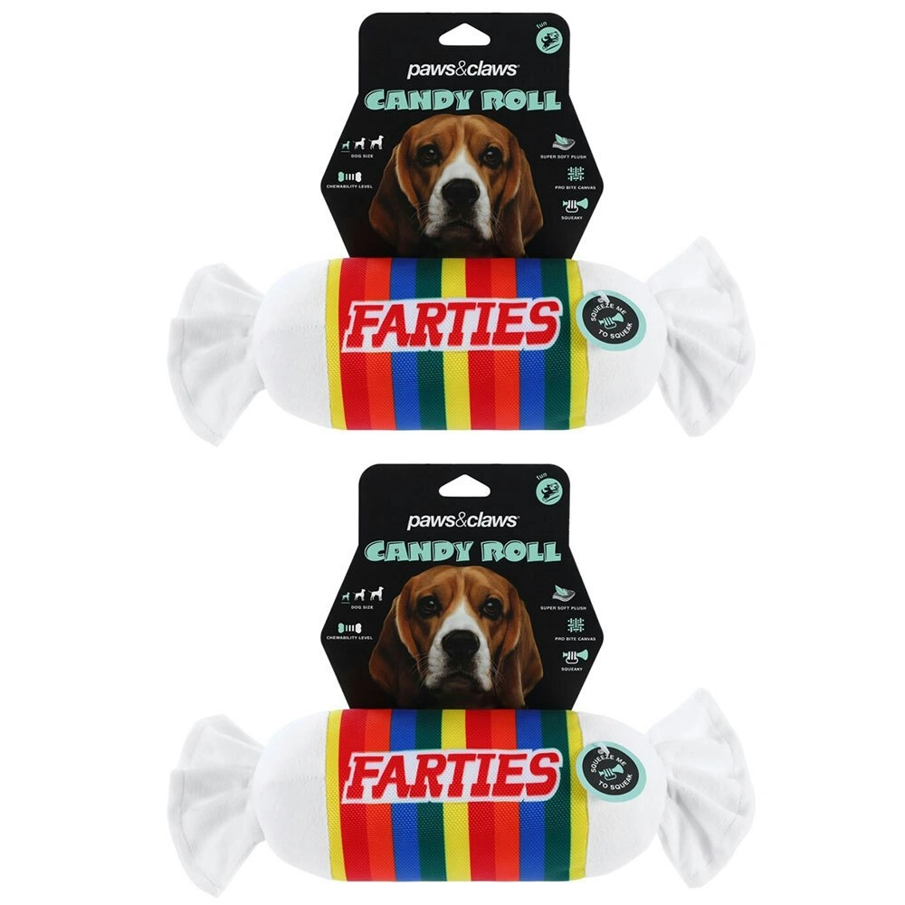 2x Paws & Claws 28cm Candy Roll Oxford Toy Farties w/ Squeaker Dog/Pet Pro Bite