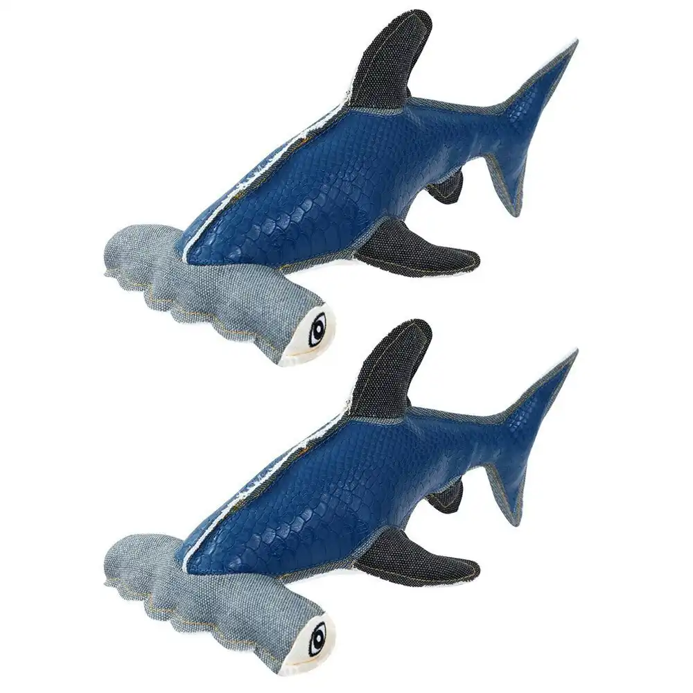 2x Paws & Claws Dog Toy 30cm Hammerhead Shark Faux Leather/Canvas Squeaker Blue