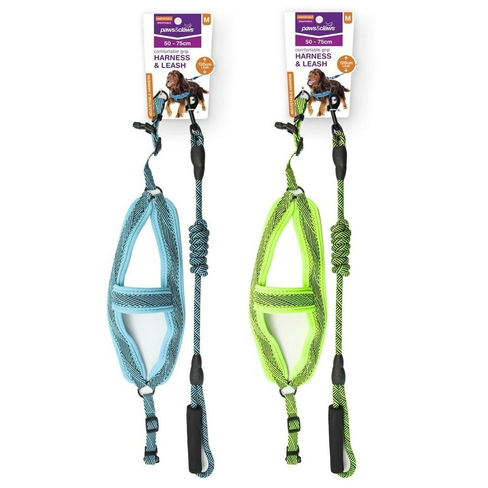 2x Paws & Claws Dog/Pet 120cm Mesh Lead/50-70cm Adjustable Harness Medium Assort