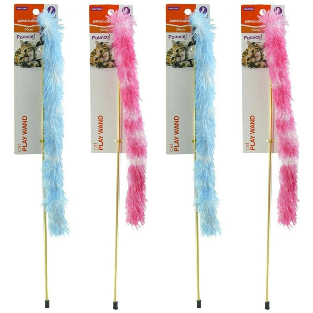 4x Paws & Claws 50cm Play Teaser Stick Wand Cat Pet Interactive Fun Toy Assorted