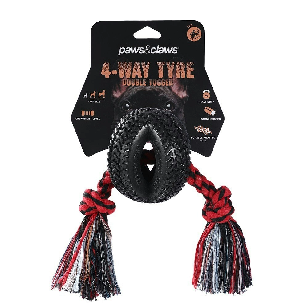 Paws & Claws Pet/Dog 4-Way TPR Tyre 40cm Double Tugger Rope Chew Toy Fun Play