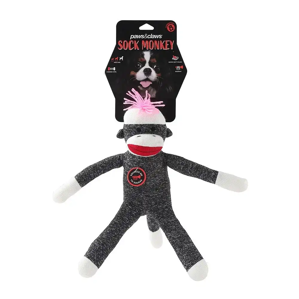 Paws & Claws 45cm Sock Monkey Animal Soft Plush Toy w/ Squeaker For Dog/Pet Grey