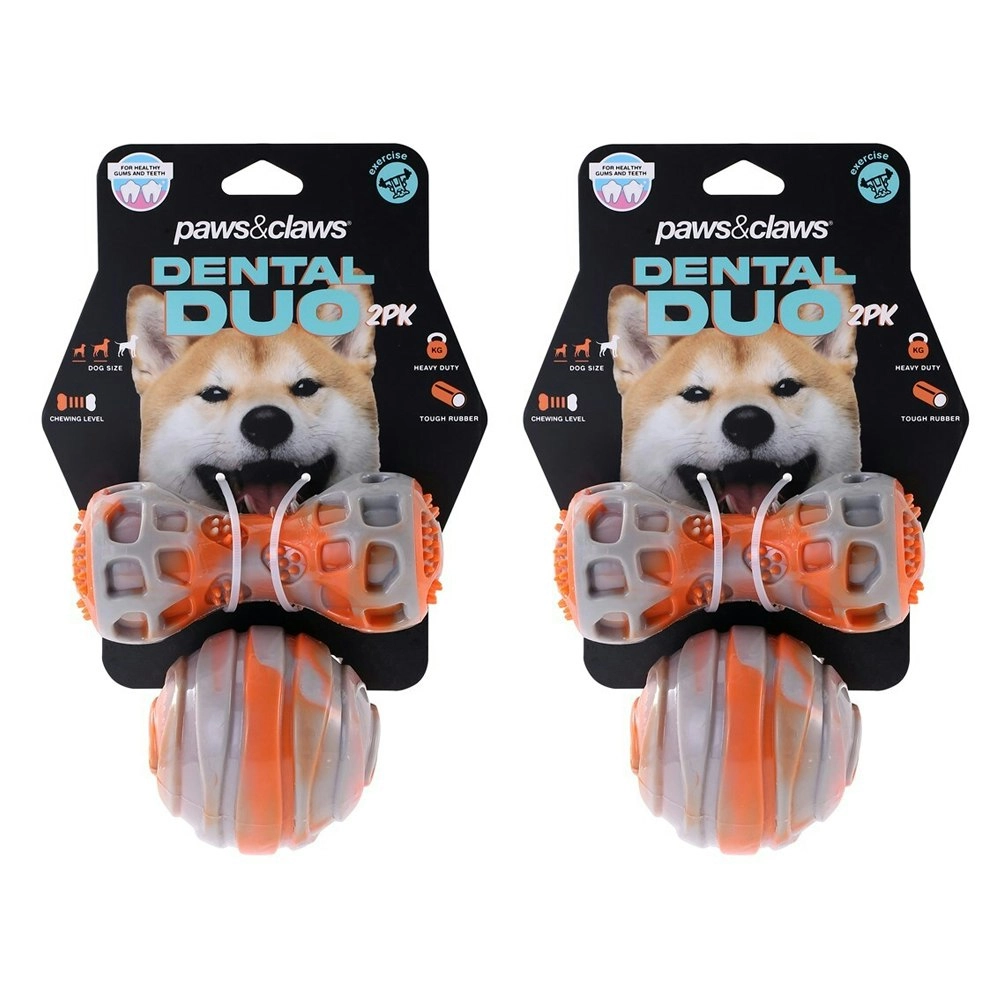 4pc Paws & Claws Dental Duo Pet Dog Teeth Clean Rubber Chew Ball/Baton Toy ORNGE