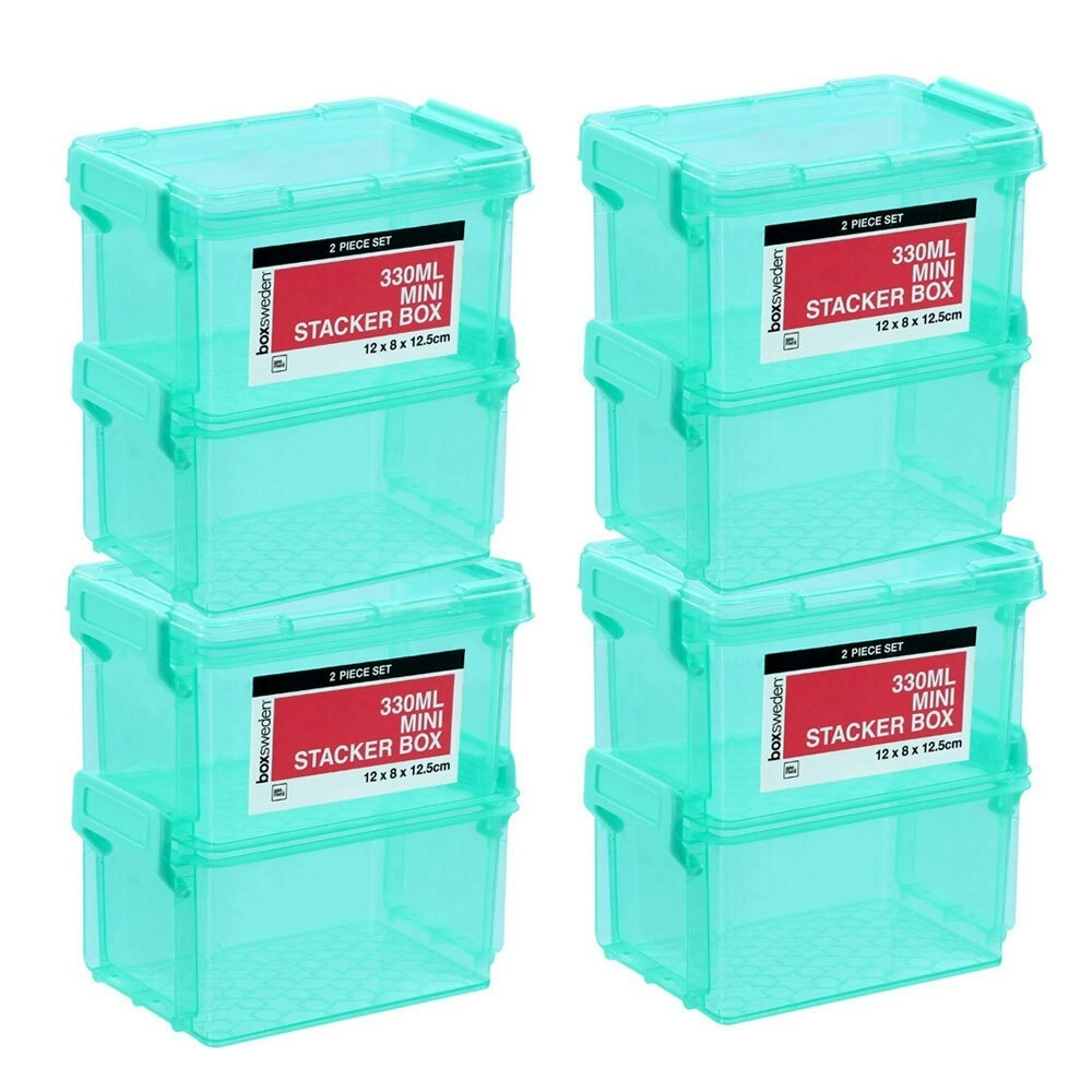 4x 2PK Boxsweden Mini Stacker Box 330ml w/ Clip Lock Lid Storage Container Teal