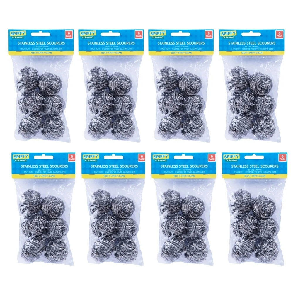 8x 6PK Spiffy 6cm Heavy Duty Stainless Steel Dishwashing Cleaning Scourers Scrub