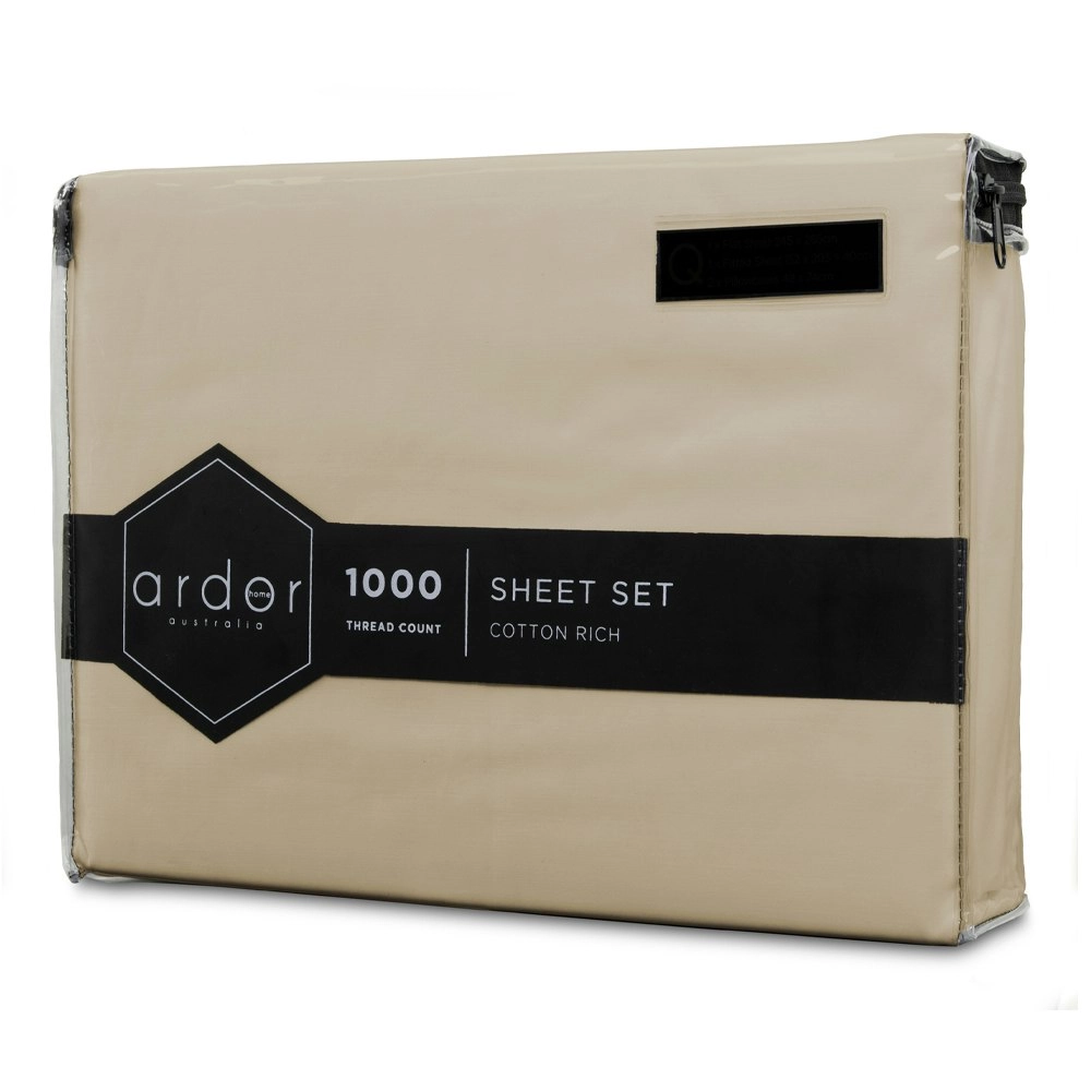 Ardor 1000TC Cotton Rich Single Bed Sheet Set Home Bedding w/ Pillowcases Stone