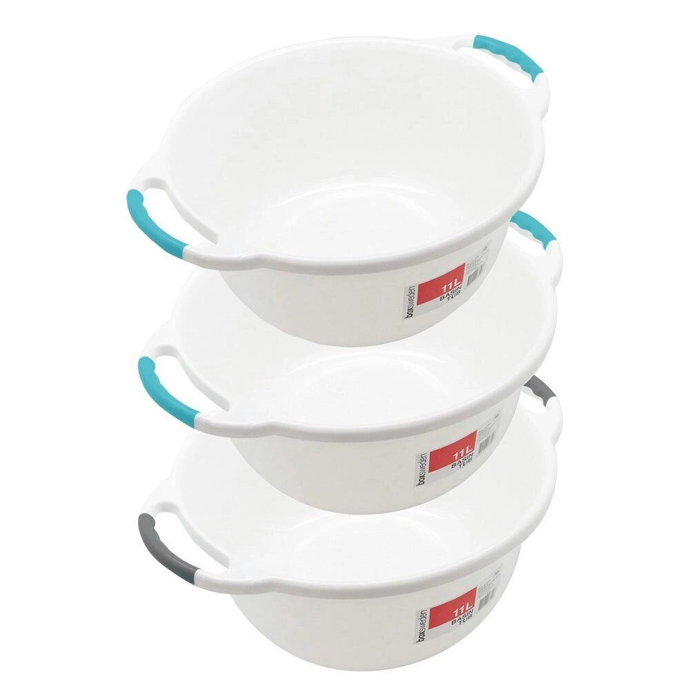 3x Boxsweden Basin Round 11L w/ Handles Washing Container Bucket Storage Assort