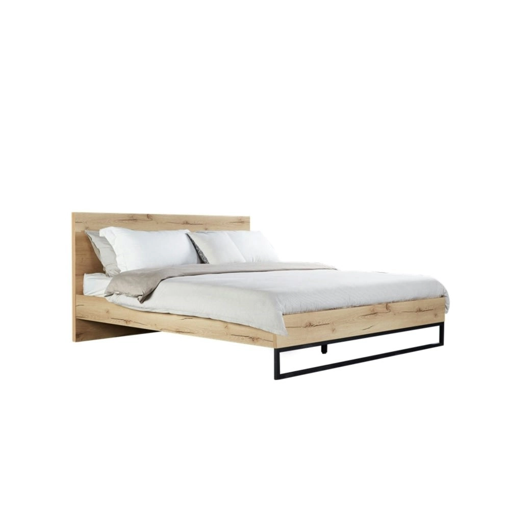 Design Square Wooden Bed Frame Metal Legs With Headboard Queen Size - Natural