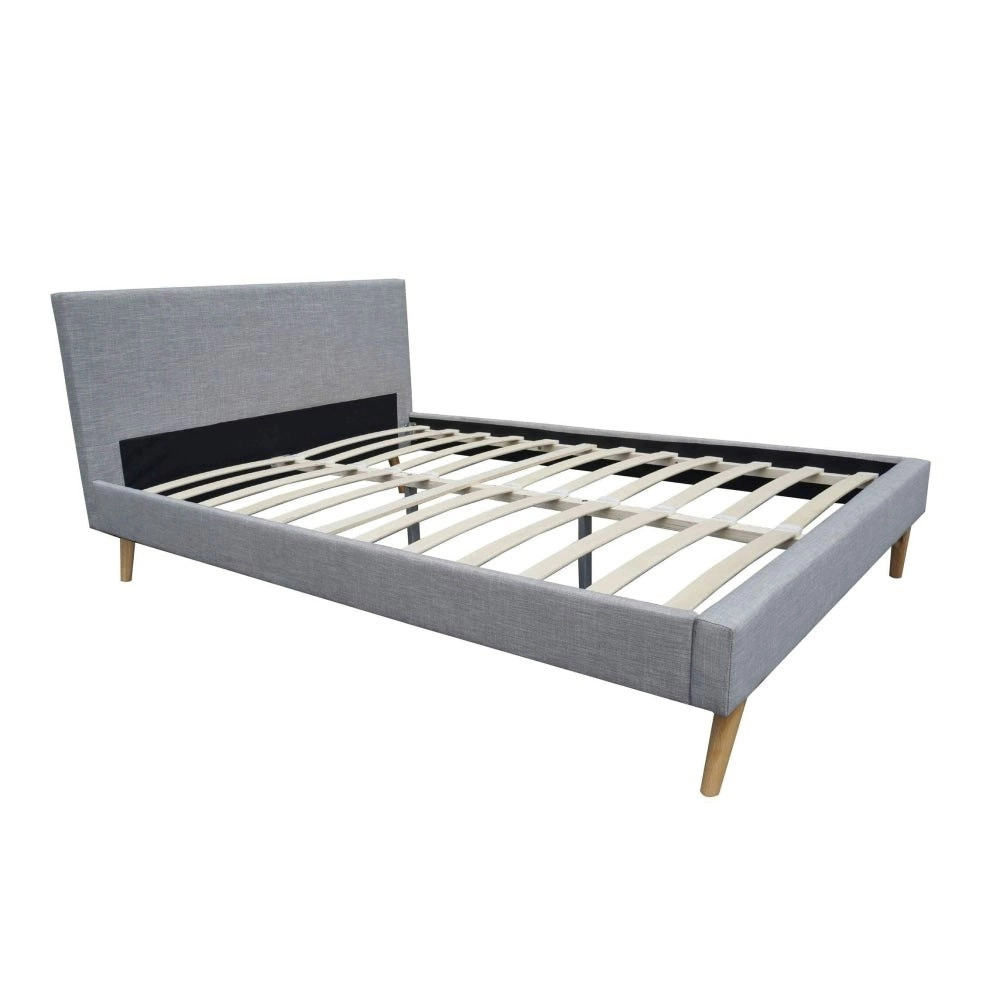 Design Square Designer Fabric Bed Frame Wooden Legs With Headboard Queen Light Grey