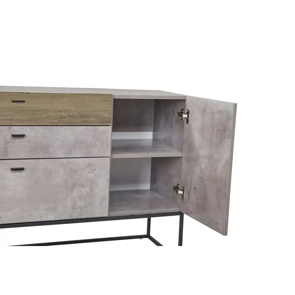 Dresser Sideboard Buffet Unit With Mirror - Black Metal Legs - Dark Oak / Cement Grey