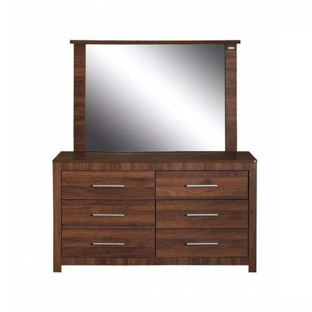 Design Square Modern 6-Drawer Dresser LowBoy Sideboard Buffet Unit With Mirror - Walnut