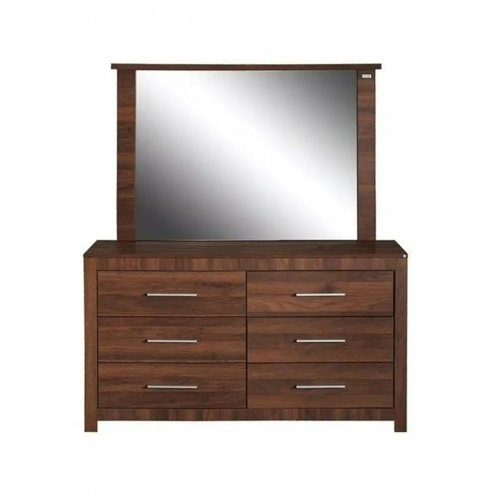 Modern 6-Drawer Dresser LowBoy Sideboard Buffet Unit With Mirror - Walnut