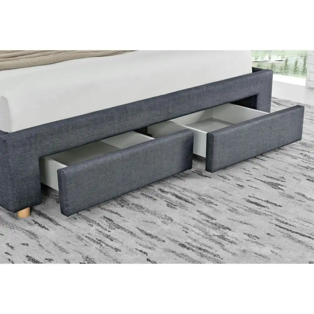 Design Square Modern Designer Fabric Bed Frame Headboard W/ 4-Drawers Storage Double Size - Dark Grey