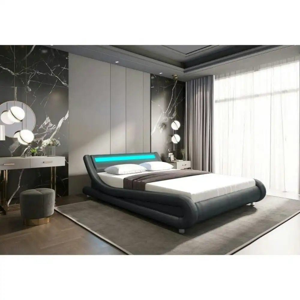 Modern Designer Queen PU Leather Bed Frame With LED Light - Grey