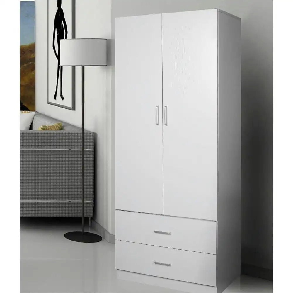 Modern 2-Door 2-Drawers Wardrobe Closet Clothes Storage Cabinet - White