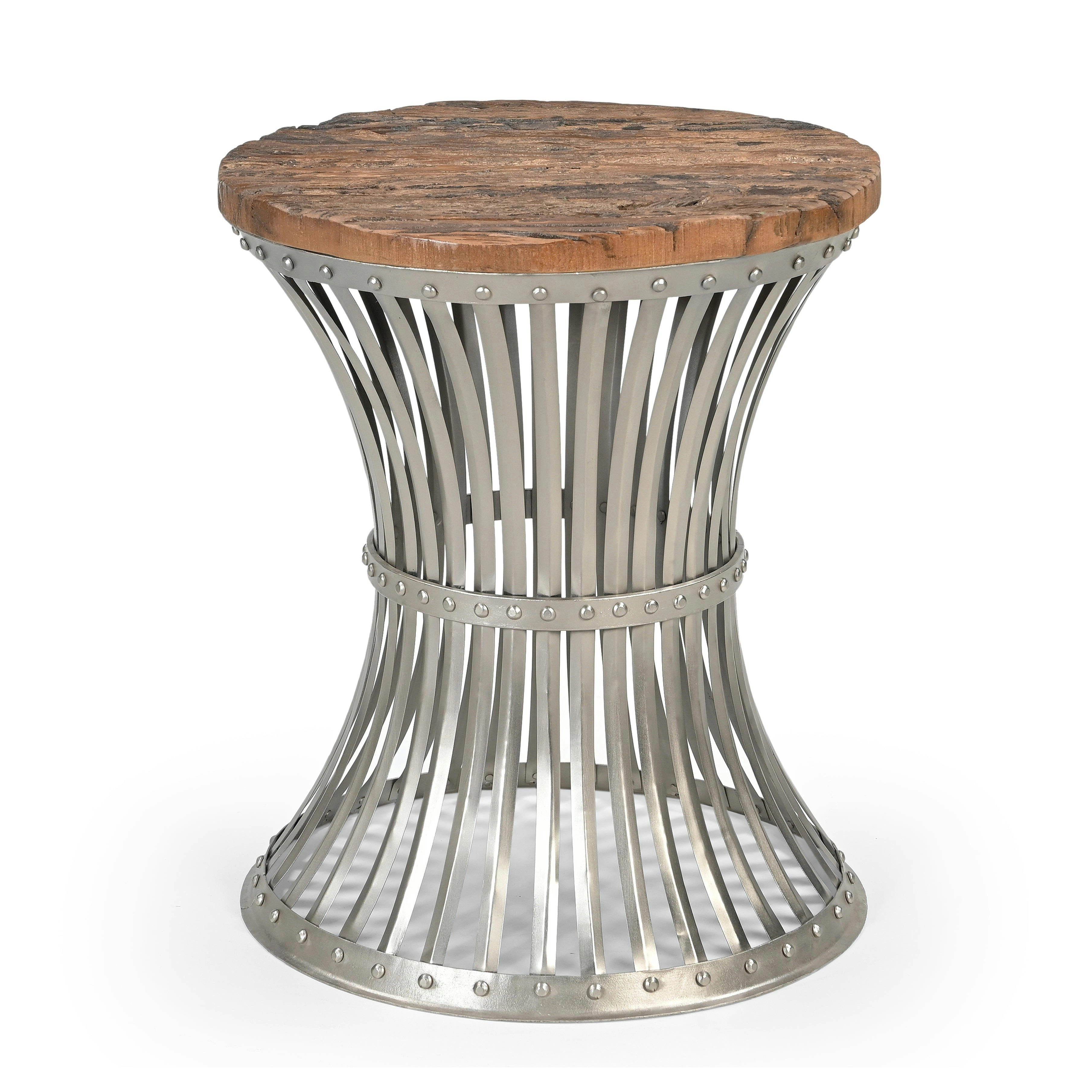 Inverted Wood and Iron Rustic Industrial Round Side Table