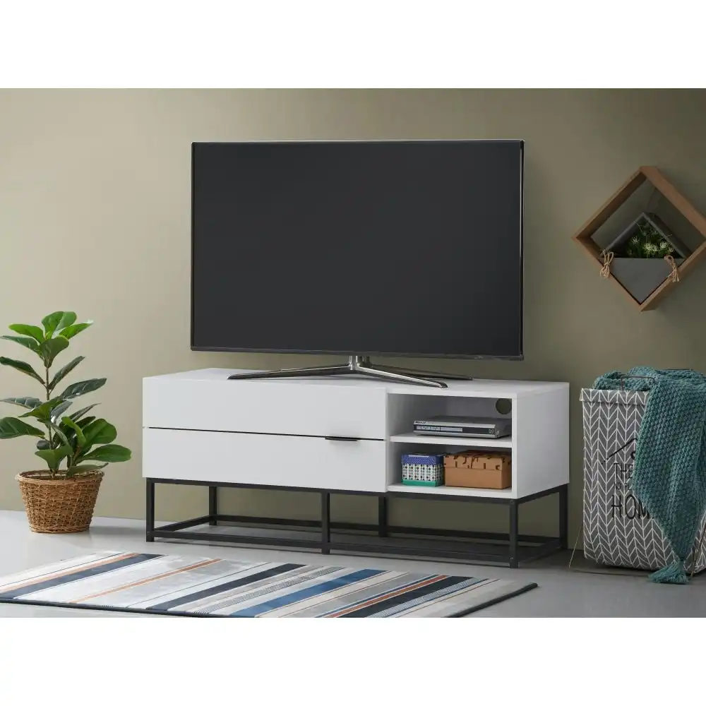Design Square Brian Modern Compact Entertainment Unit TV Stand 120cm W/ 2-Drawers - White/Black
